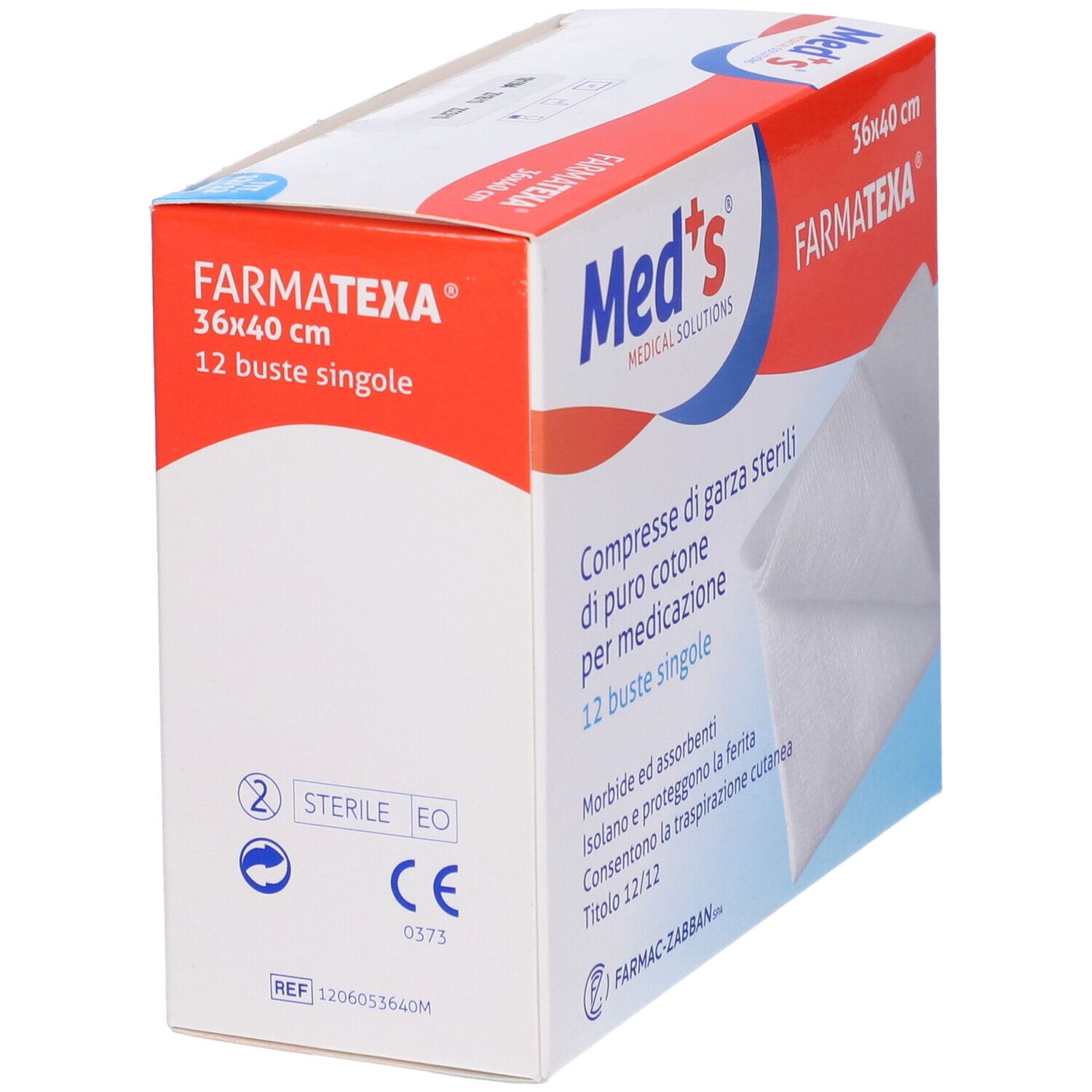 Confezione di garze sterili 36x40 cm. Marchio Med's, FarmaTexa. Marchio di sterilizzazione.