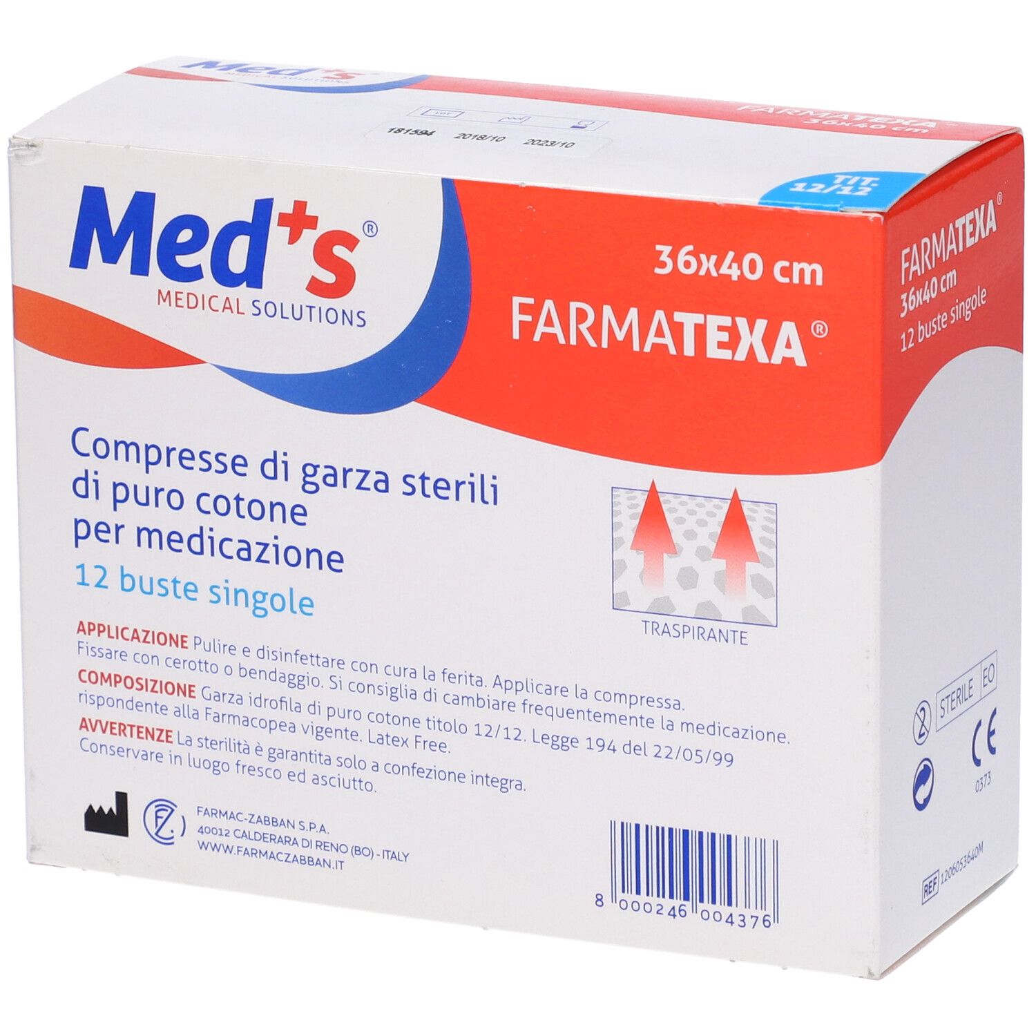 Confezione di garze sterili 36x40 cm. Marchio Med's, FarmaTexa. Testo e pittogrammi.
