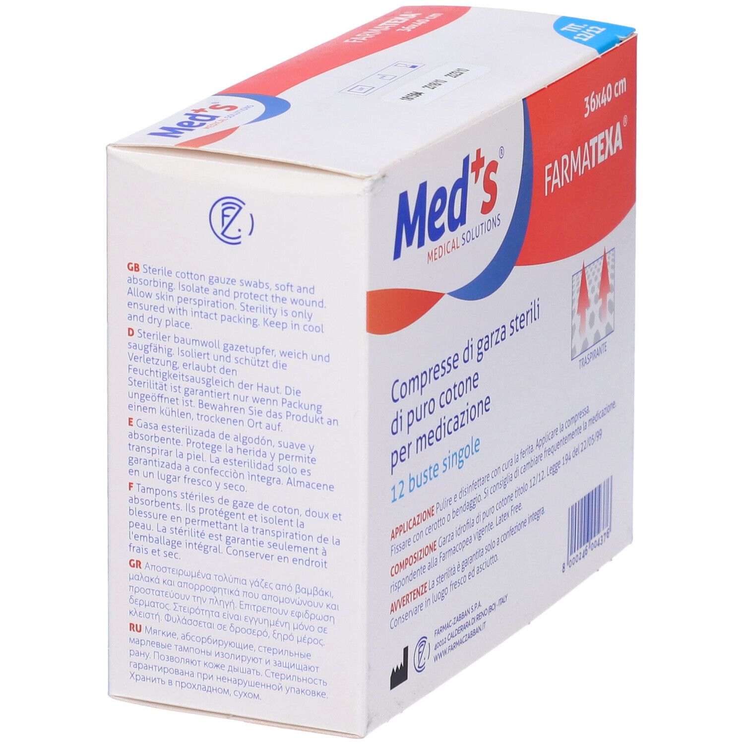 Confezione di garze sterili 36x40 cm. Marchio Med's, FarmaTexa. Testo multilingue.
