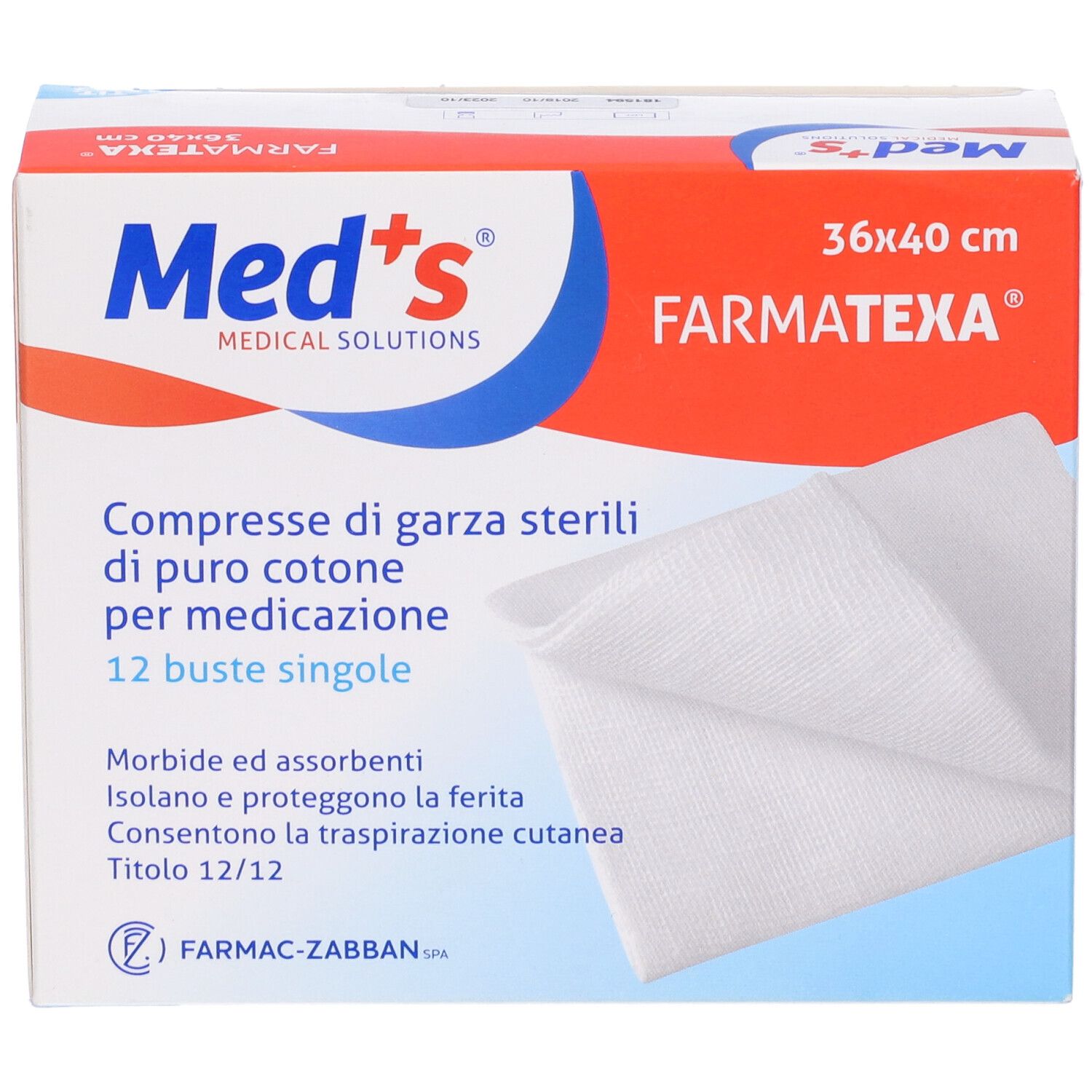Confezione di garze sterili 36x40 cm. Marchio Med's, FarmaTexa. 12 buste singole.