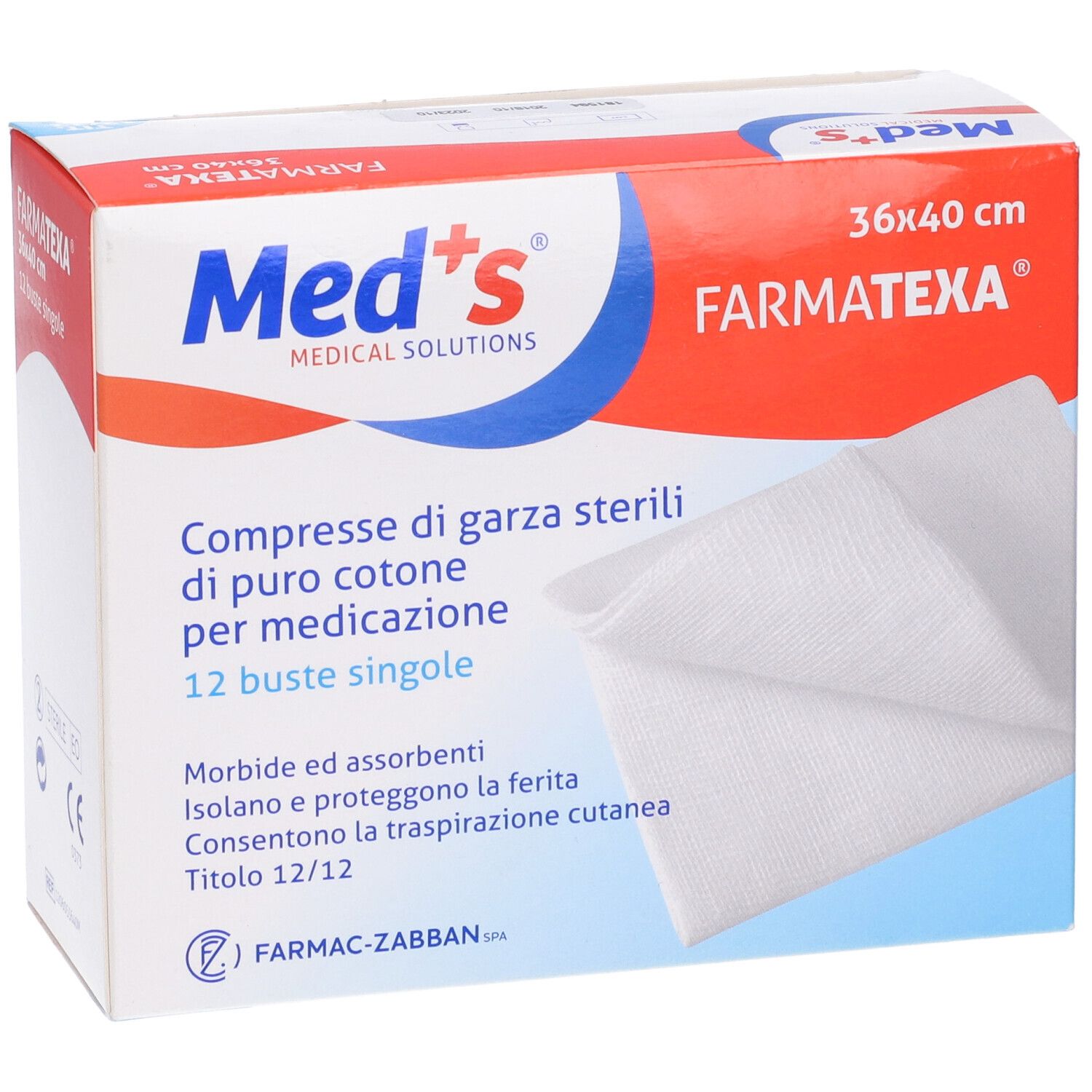 Confezione di garze sterili 36x40 cm. Marchio Med's, FarmaTexa. 12 buste singole.