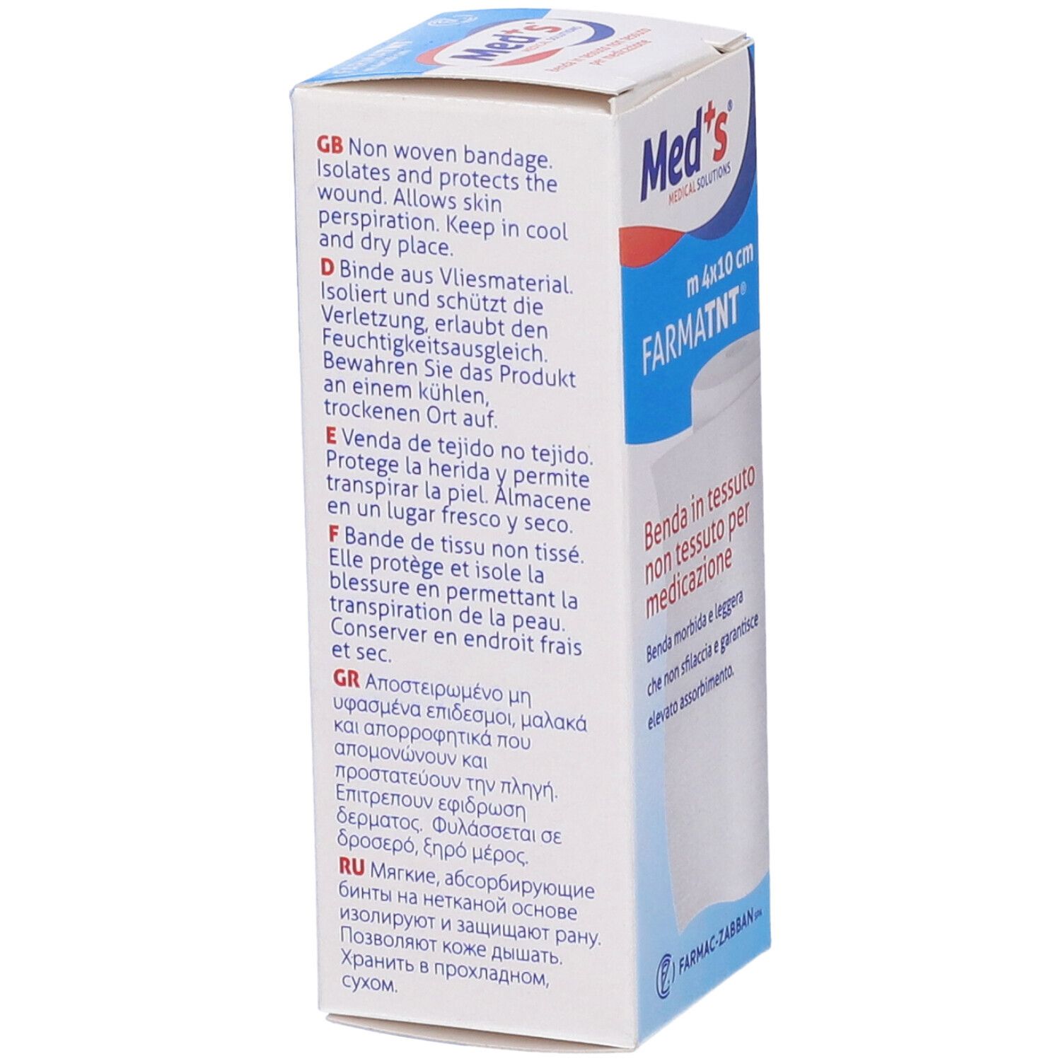 Confezione Med's. Scritta: FARMATNT m 4x10cm. Testo multilingue. Confezione bianca.