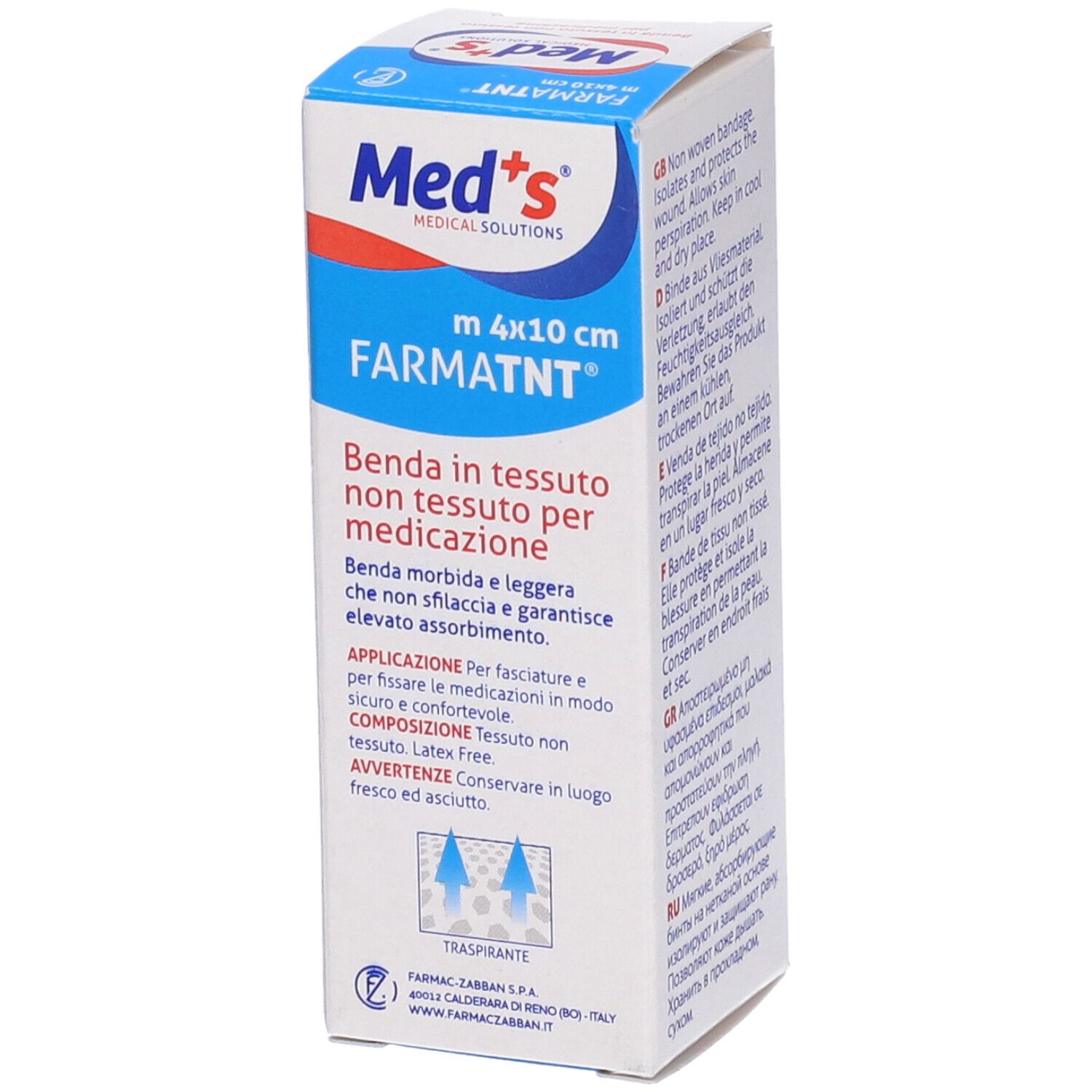 Confezione Med's. Scritta: FARMATNT m 4x10cm. Testo multilingue. Confezione bianca.
