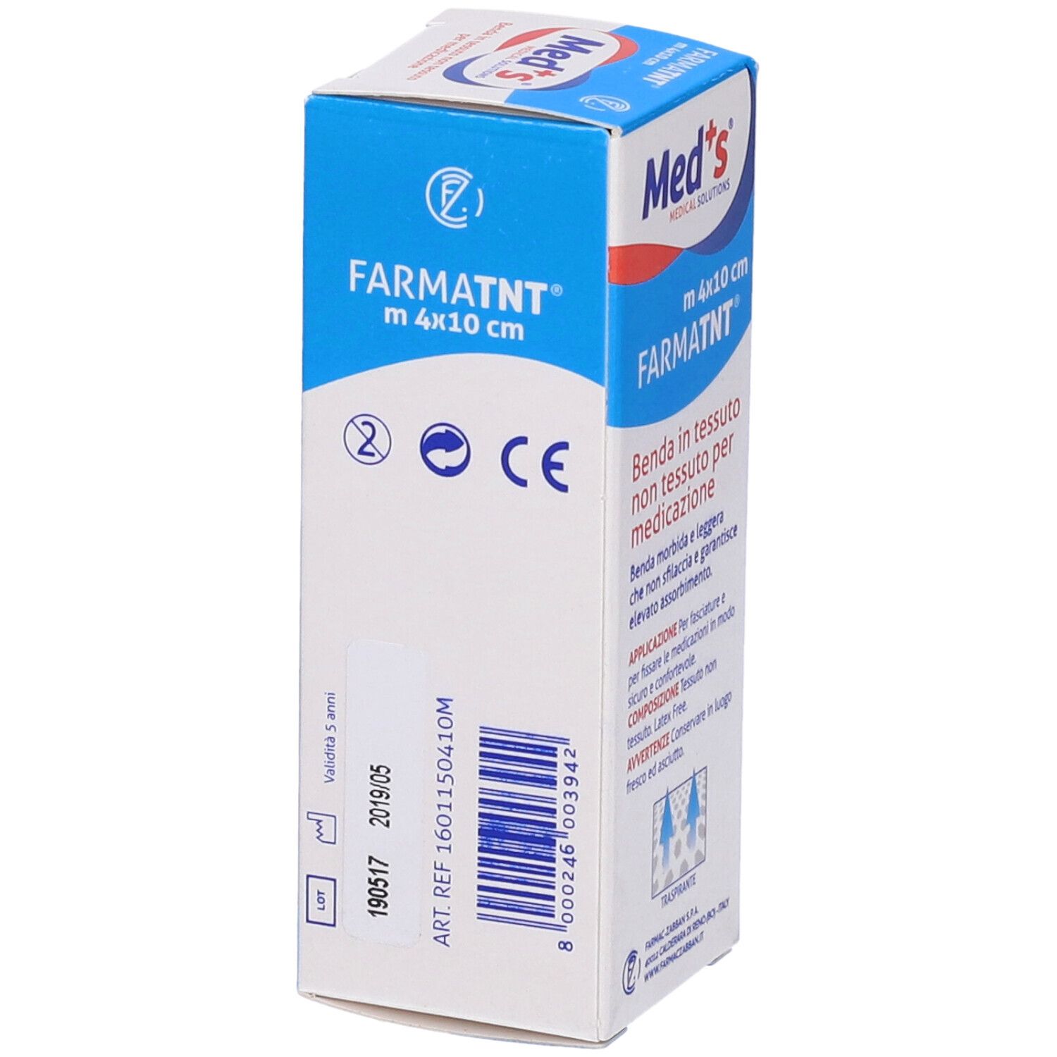 Confezione Med's. Scritta: FARMATNT m 4x10cm. Testo multilingue. Confezione bianca.