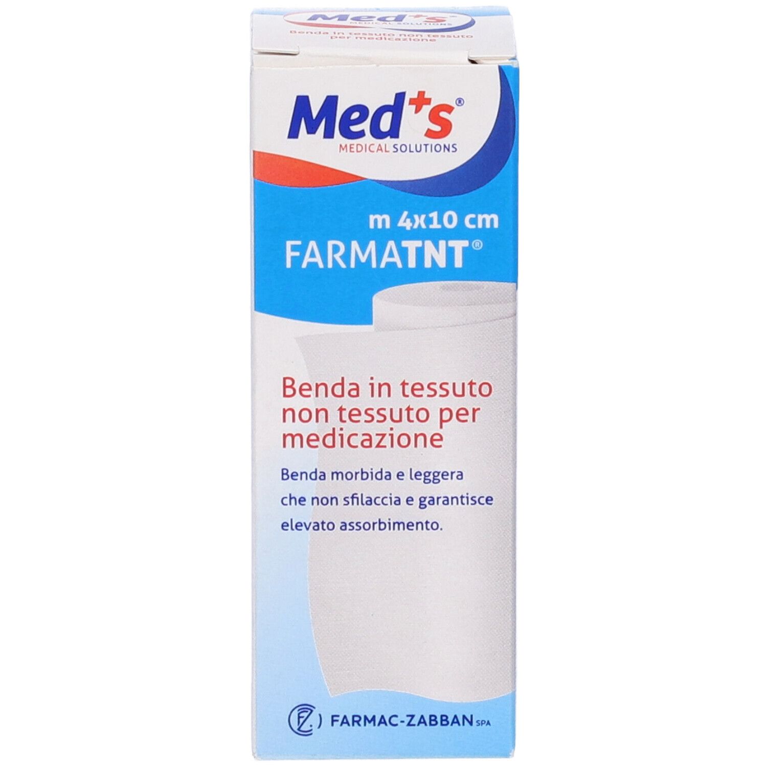 Confezione Med's. Scritta: FARMATNT m 4x10cm. Benda in tessuto non tessuto. Rotolo bianco. Confezione blu.