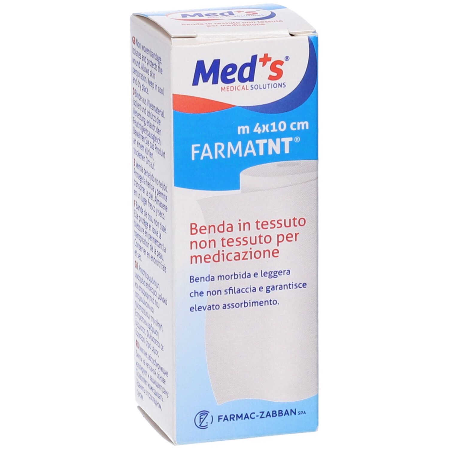 Confezione Med's. Scritta: FARMATNT m 4x10cm. Benda in tessuto non tessuto. Rotolo bianco. Confezione blu.