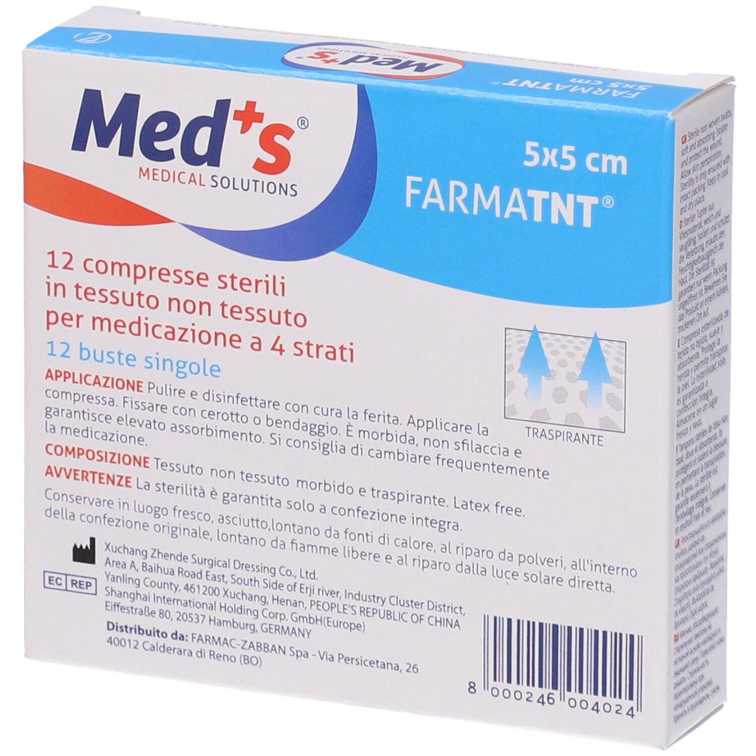 Verpackung mit 12 sterilen Kompressen. Marke Med's. Text auf Italienisch. 5x5 cm. Trasparente.