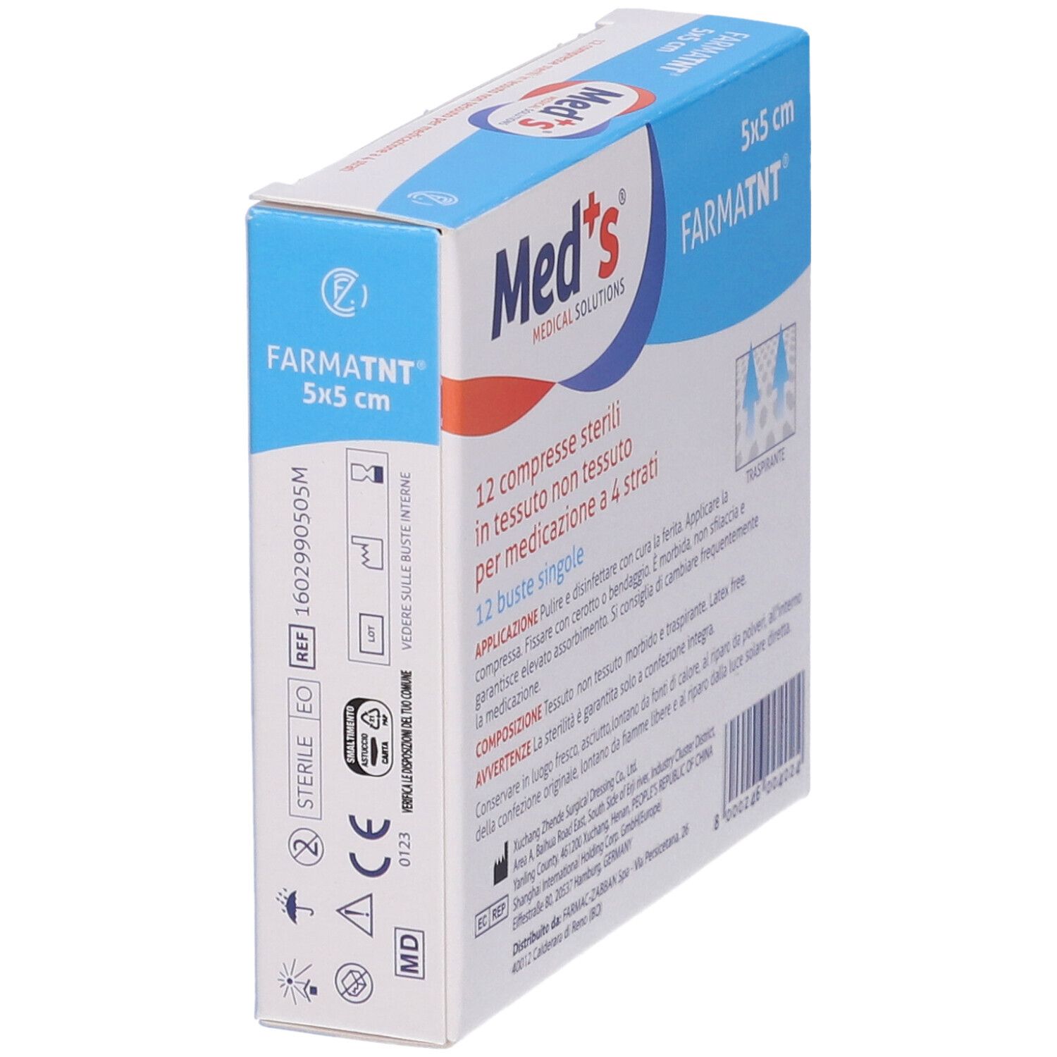 Verpackung mit 12 sterilen Kompressen. Marke Med's. Text auf Italienisch. 5x5 cm.