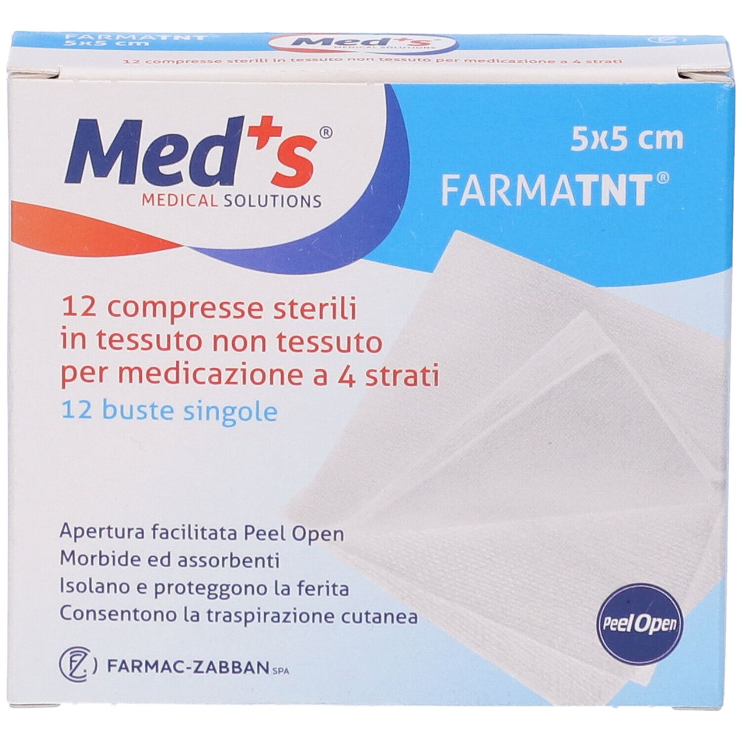Verpackung mit 12 sterilen Kompressen. Marke Med's. Text auf Italienisch. 5x5 cm. Peel Open.