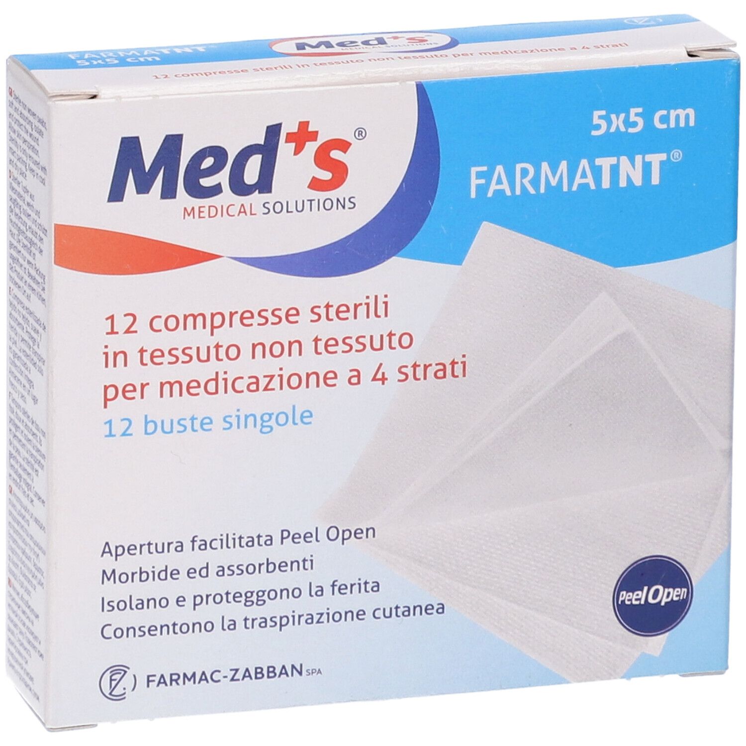 Verpackung mit 12 sterilen Kompressen. Marke Med's. Text auf Italienisch. 5x5 cm. Peel Open.