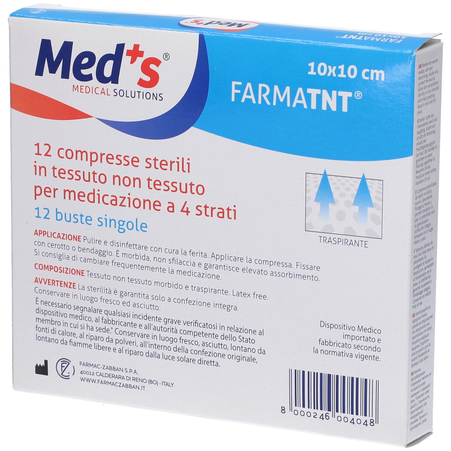 Rückseite der Verpackung mit 12 sterilen Kompressen, 10x10 cm. Marke Med's, Schriftzug FARMATNT. Text und Barcode.
