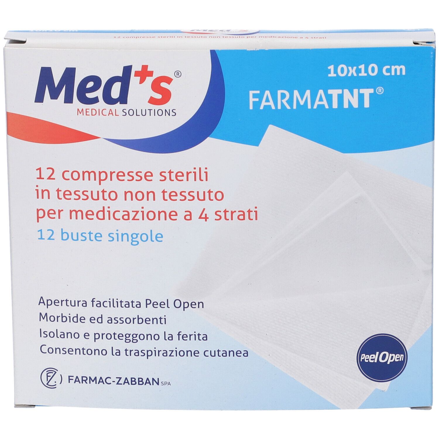 Verpackung mit 12 sterilen Kompressen aus Vliesstoff, 10x10 cm. Marke Med's, Schriftzug FARMATNT. Peel Open.