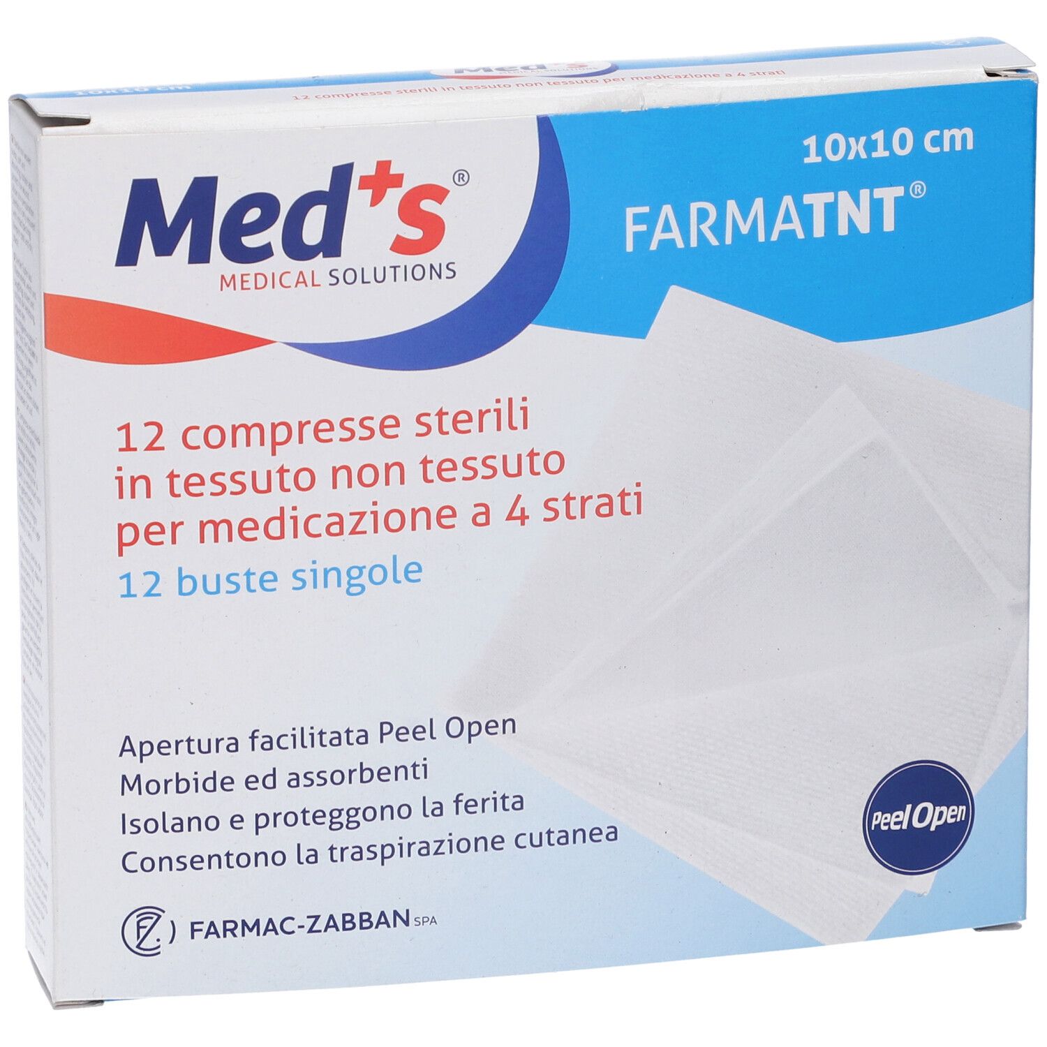 Verpackung mit 12 sterilen Kompressen aus Vliesstoff, 10x10 cm. Marke Med's, Schriftzug FARMATNT. Peel Open.
