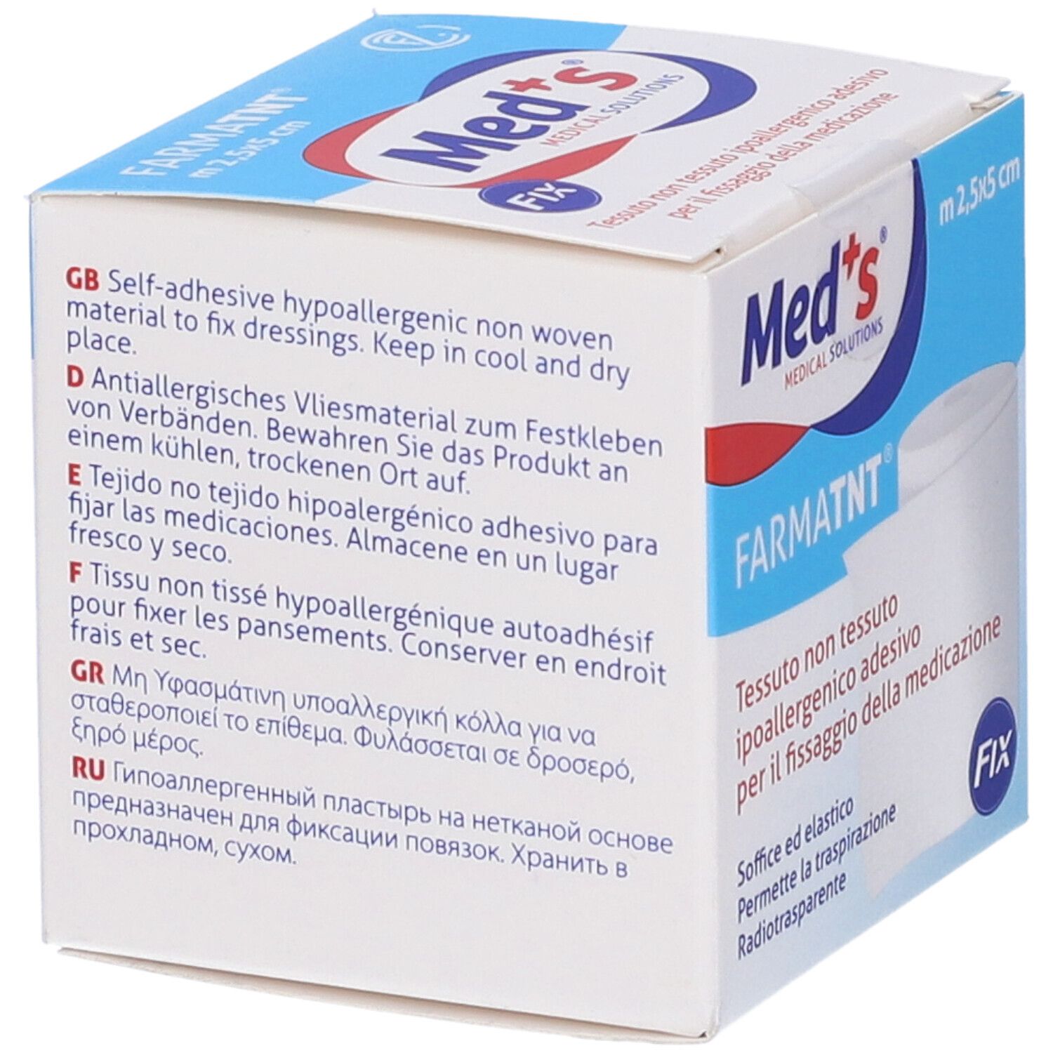 Confezione in cartone, nome prodotto FARMATNT, dimensioni 2,5x5 cm. Testo multilingue. Logo Med's.