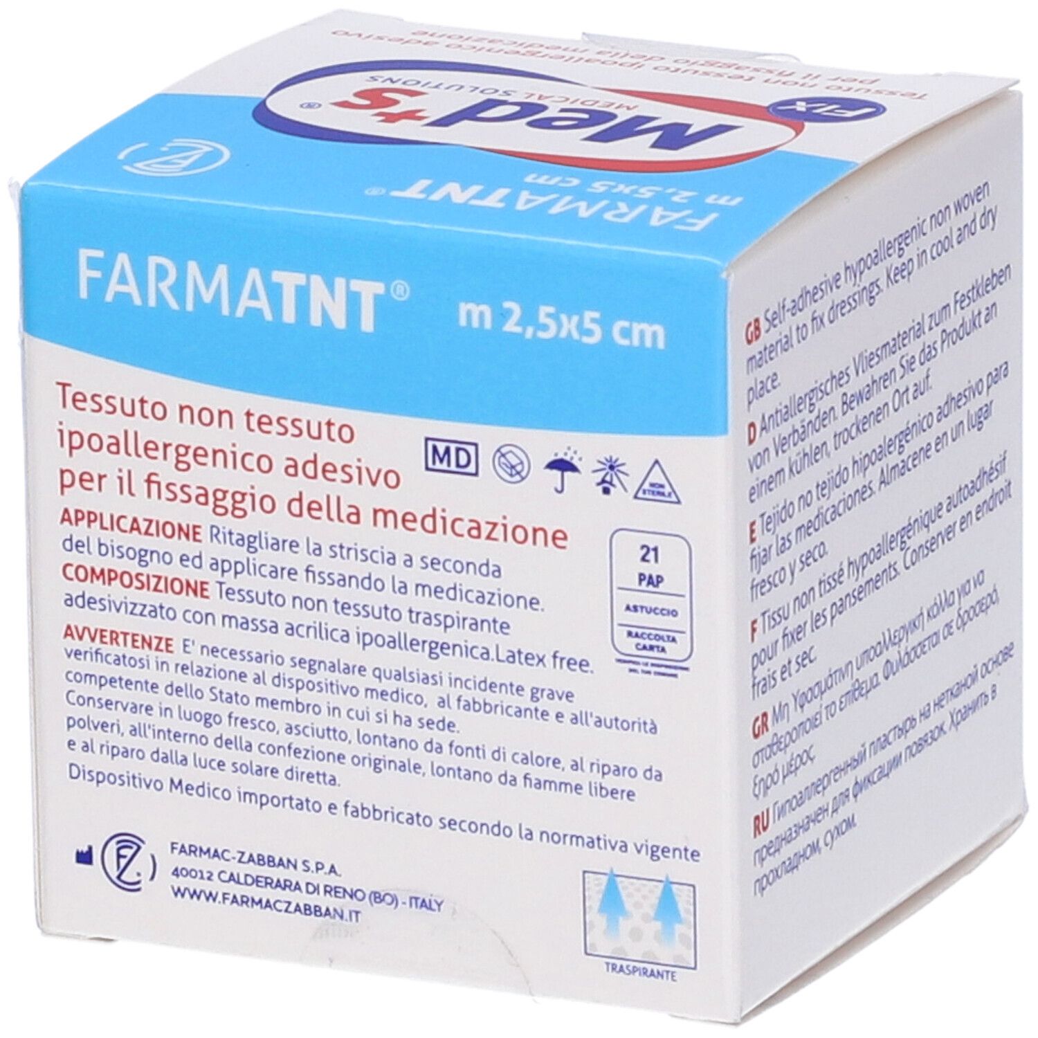 Confezione in cartone, nome prodotto FARMATNT, dimensioni 2,5x5 cm. Testo in italiano. Logo Med's.