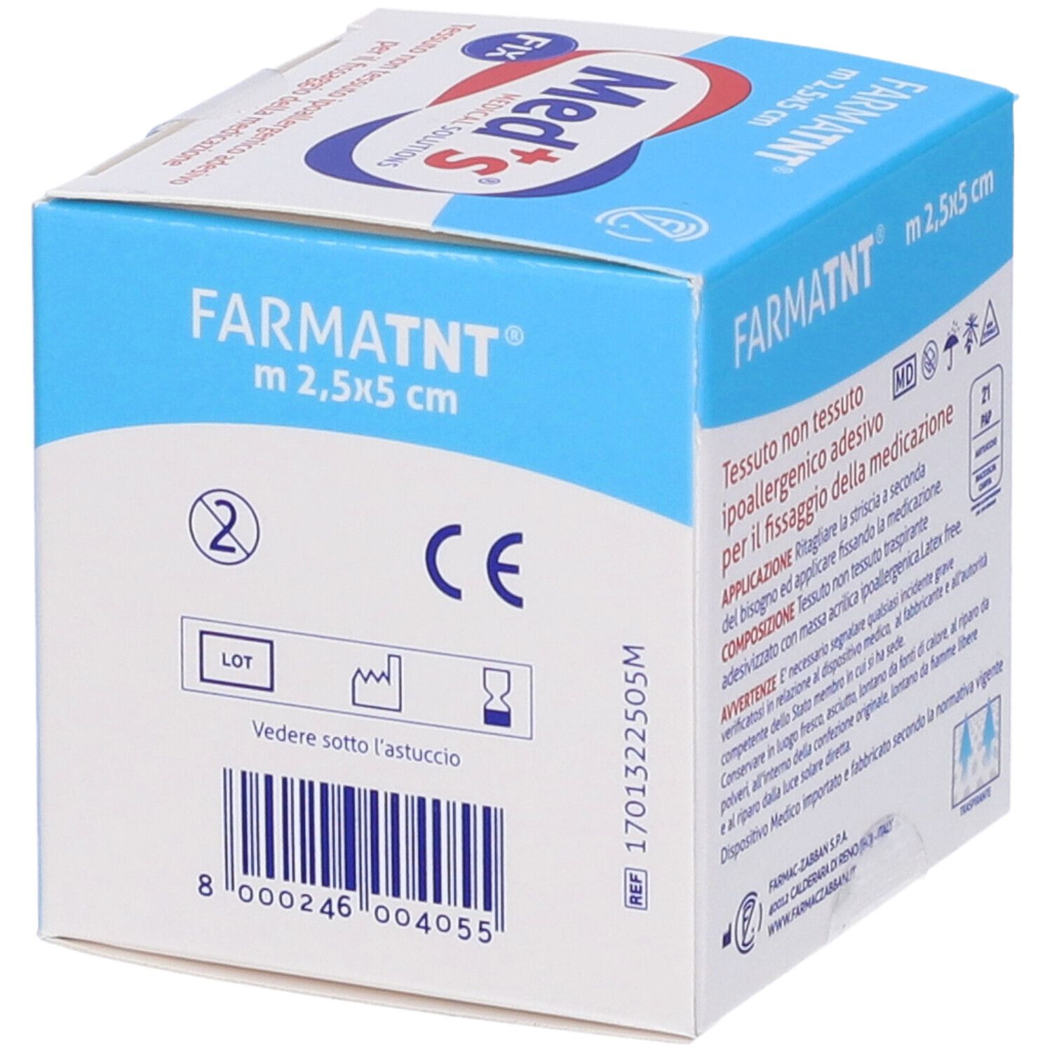 Confezione in cartone, nome prodotto FARMATNT, dimensioni 2,5x5 cm. Marchio CE. Logo Med's.