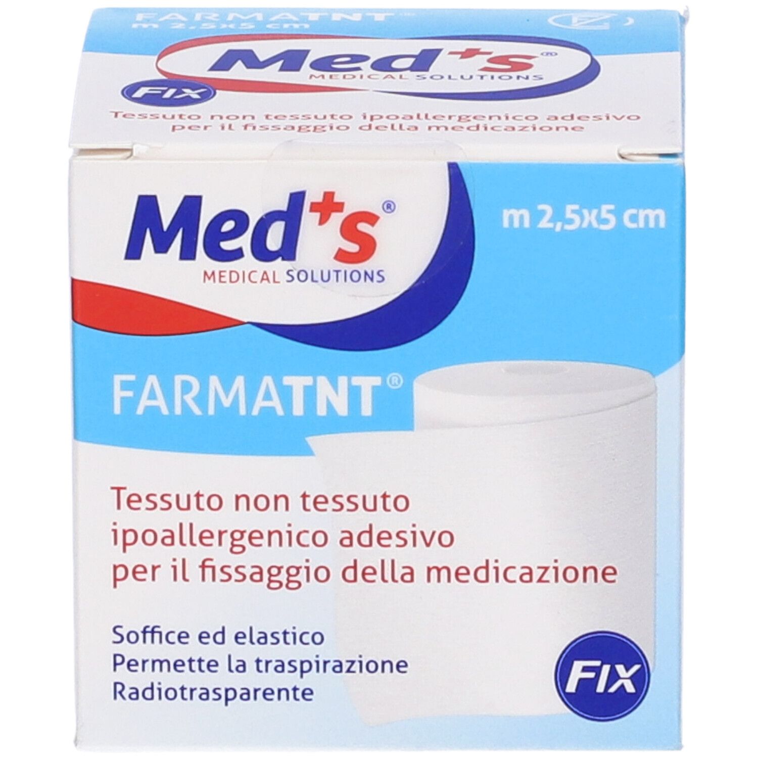 Confezione in cartone, nome prodotto FARMATNT, dimensioni 2,5x5 cm. Logo Med's. Prodotto arrotolato visibile.