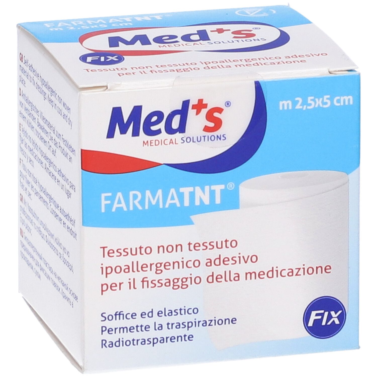 Confezione in cartone, nome prodotto FARMATNT, dimensioni 2,5x5 cm. Logo Med's. Prodotto arrotolato visibile.