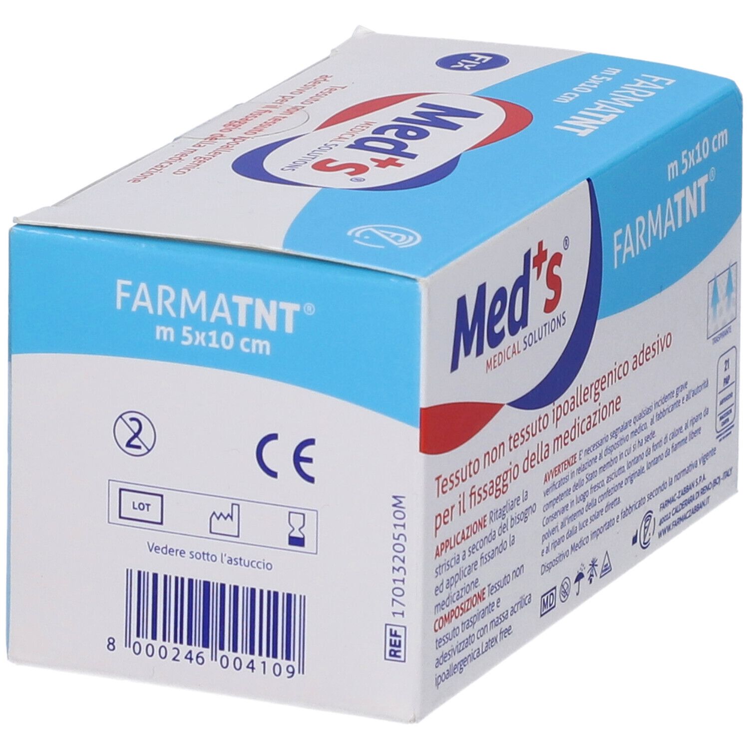 Rückseite der Verpackung von Med's FARMATNT, 5x10cm. Informationen zu Chargennummer, CE-Kennzeichnung und Hersteller.