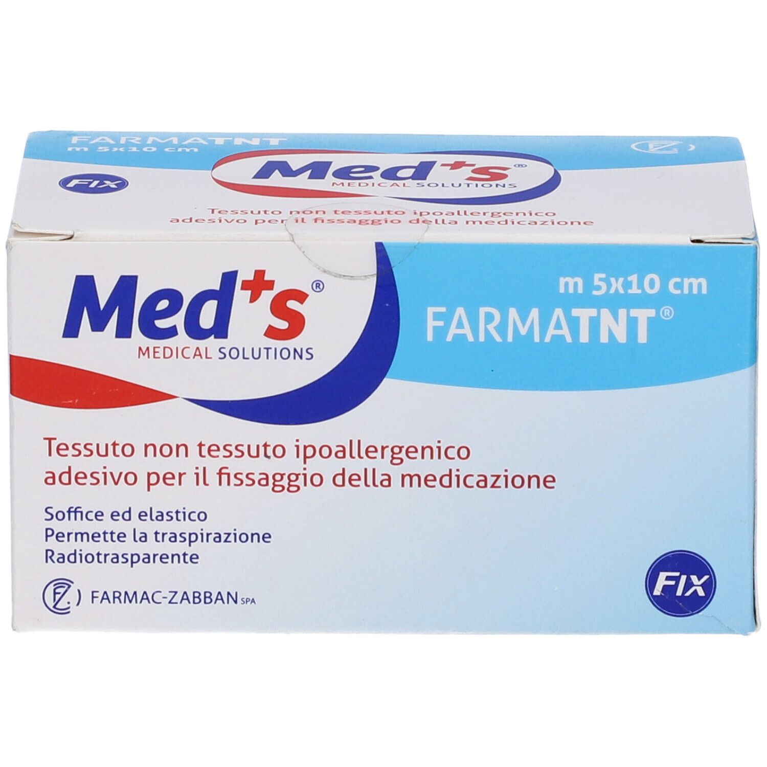 Verpackung von Med's FARMATNT, 5x10cm. Hypoallergenes Vliesstoff-Fixierpflaster. Weich und elastisch, atmungsaktiv, röntgentransparent.