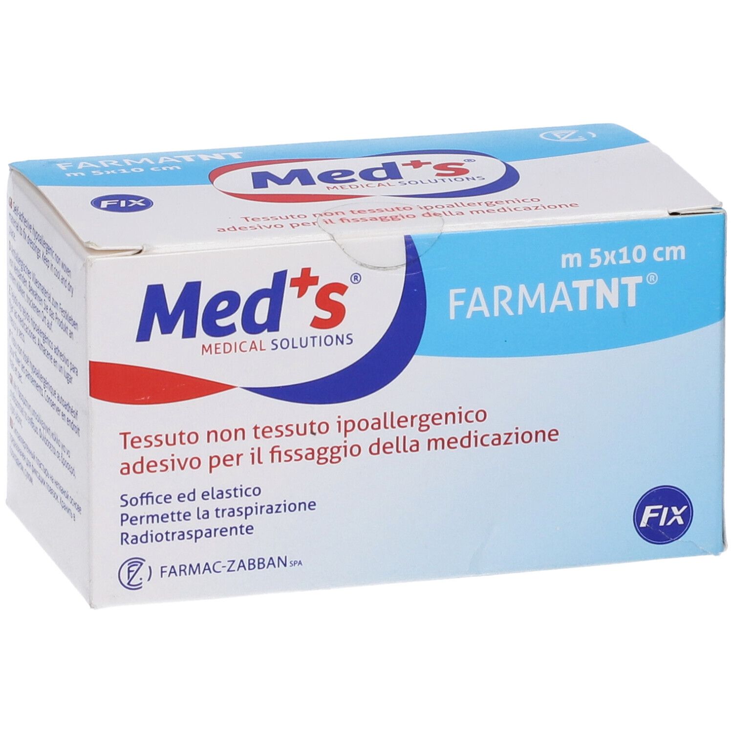 Verpackung von Med's FARMATNT, 5x10cm. Hypoallergenes Vliesstoff-Fixierpflaster. Weich und elastisch, atmungsaktiv, röntgentransparent.
