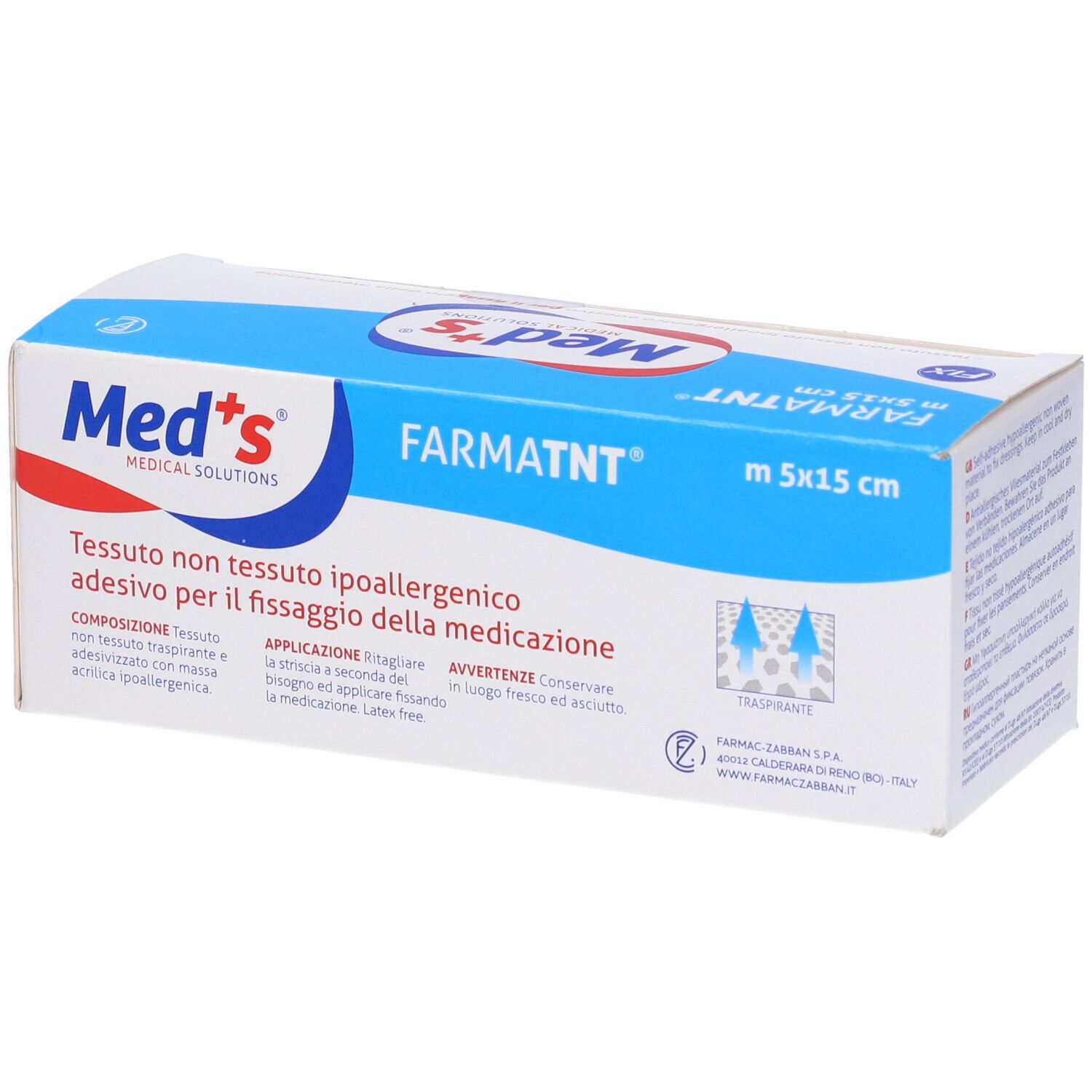 Verpackung mit Aufdruck: Med's, FARMATNT, m 5x15 cm. Text: nicht gewebtes, hypoallergenes Gewebe. Abbildung: atmungsaktive Symbole.