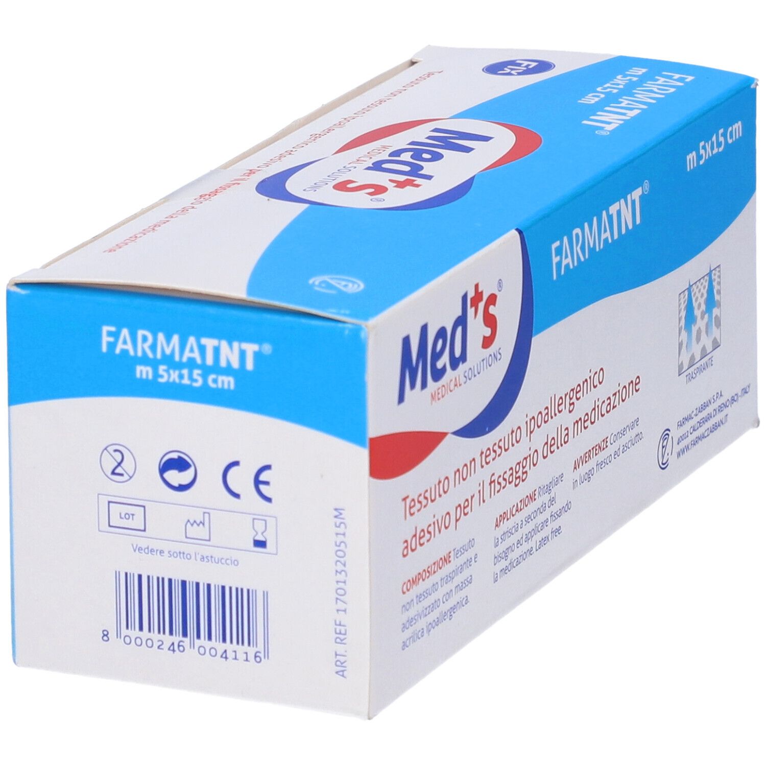 Verpackung mit Aufdruck: Med's, FARMATNT, m 5x15 cm. Text: nicht gewebtes, hypoallergenes Gewebe. CE-Kennzeichnung.