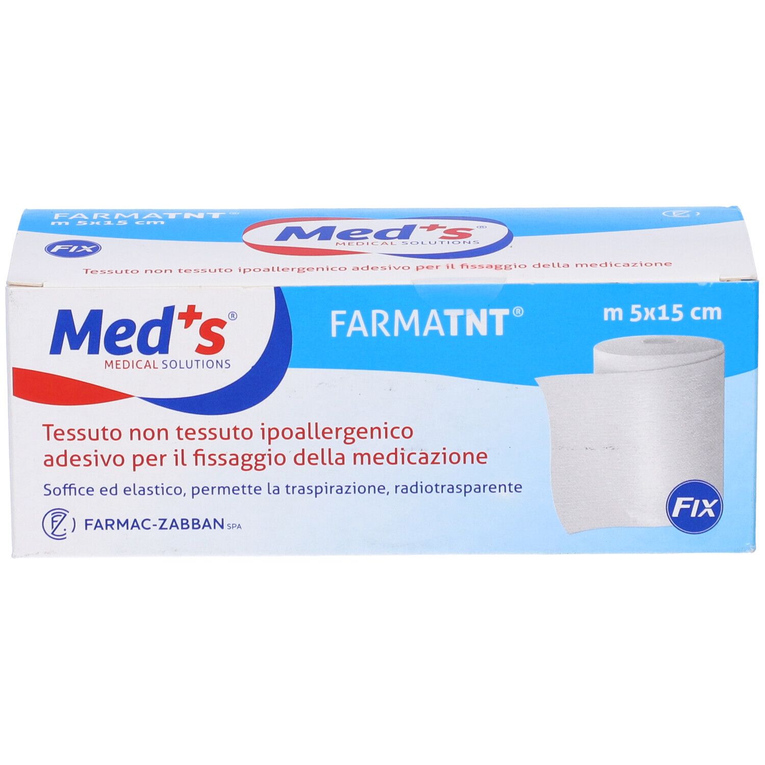 Verpackung mit Verbandrolle. Aufdruck: Med's, FARMATNT, m 5x15 cm. Text: nicht gewebtes, hypoallergenes Gewebe.
