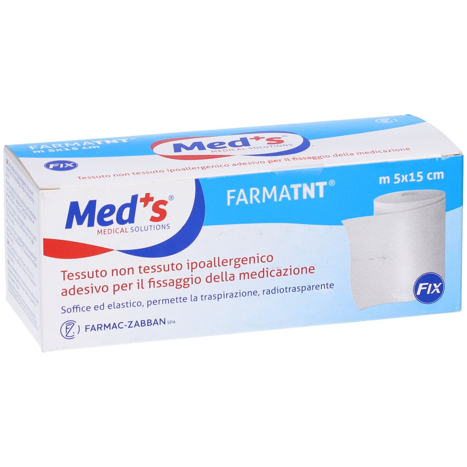 Verpackung mit Verbandrolle. Aufdruck: Med's, FARMATNT, m 5x15 cm. Text: nicht gewebtes, hypoallergenes Gewebe.