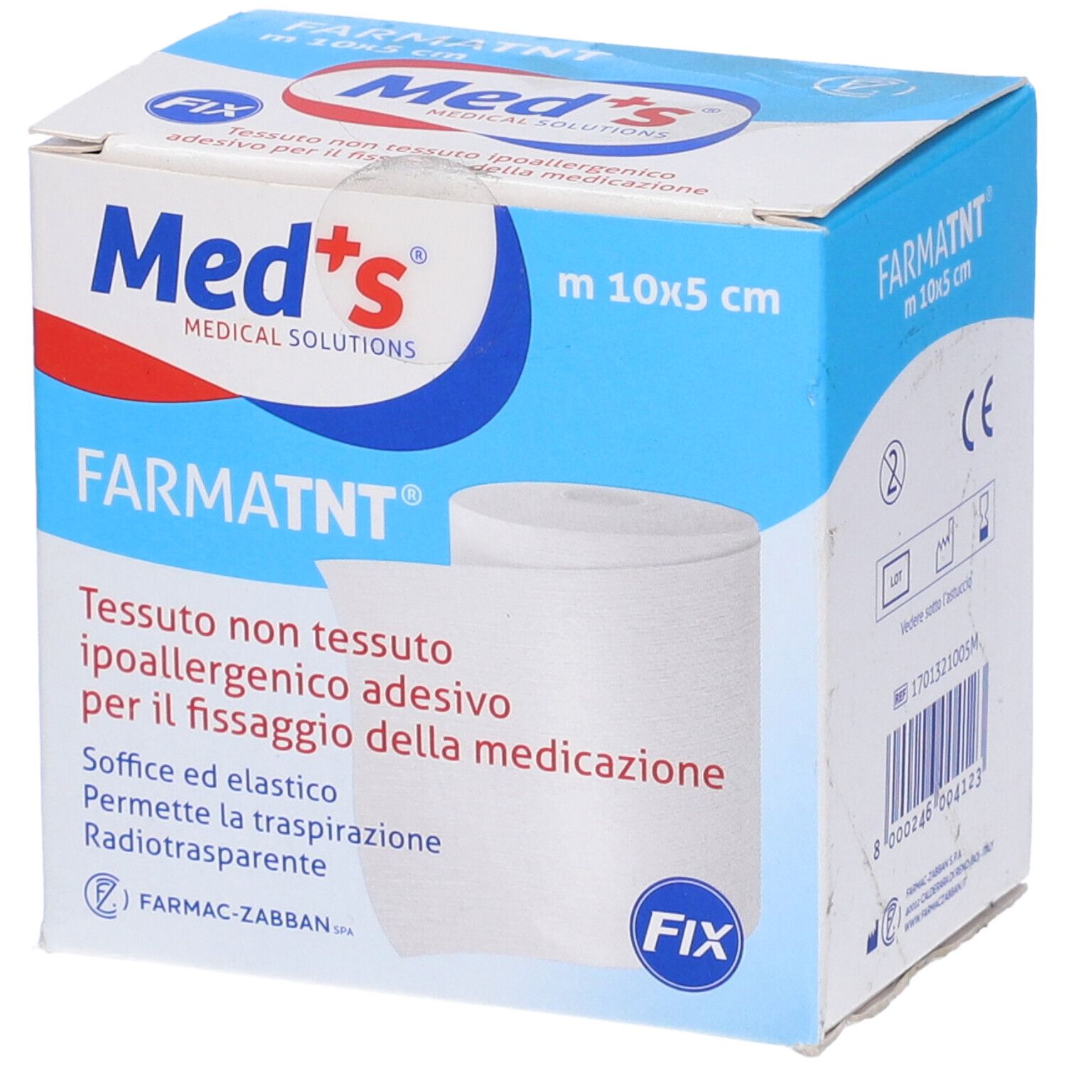 Confezione di benda. Scritte: Med's, Farmatnt, 10x5 cm. Nastro adesivo bianco, non tessuto, ipoallergenico.