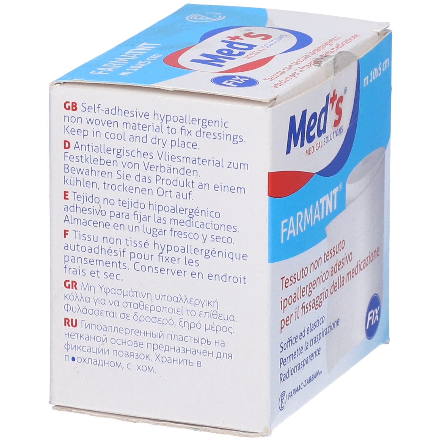 Confezione con testo multilingue. Scritte: Med's, Farmatnt, 10x5 cm. Contiene informazioni sul prodotto.