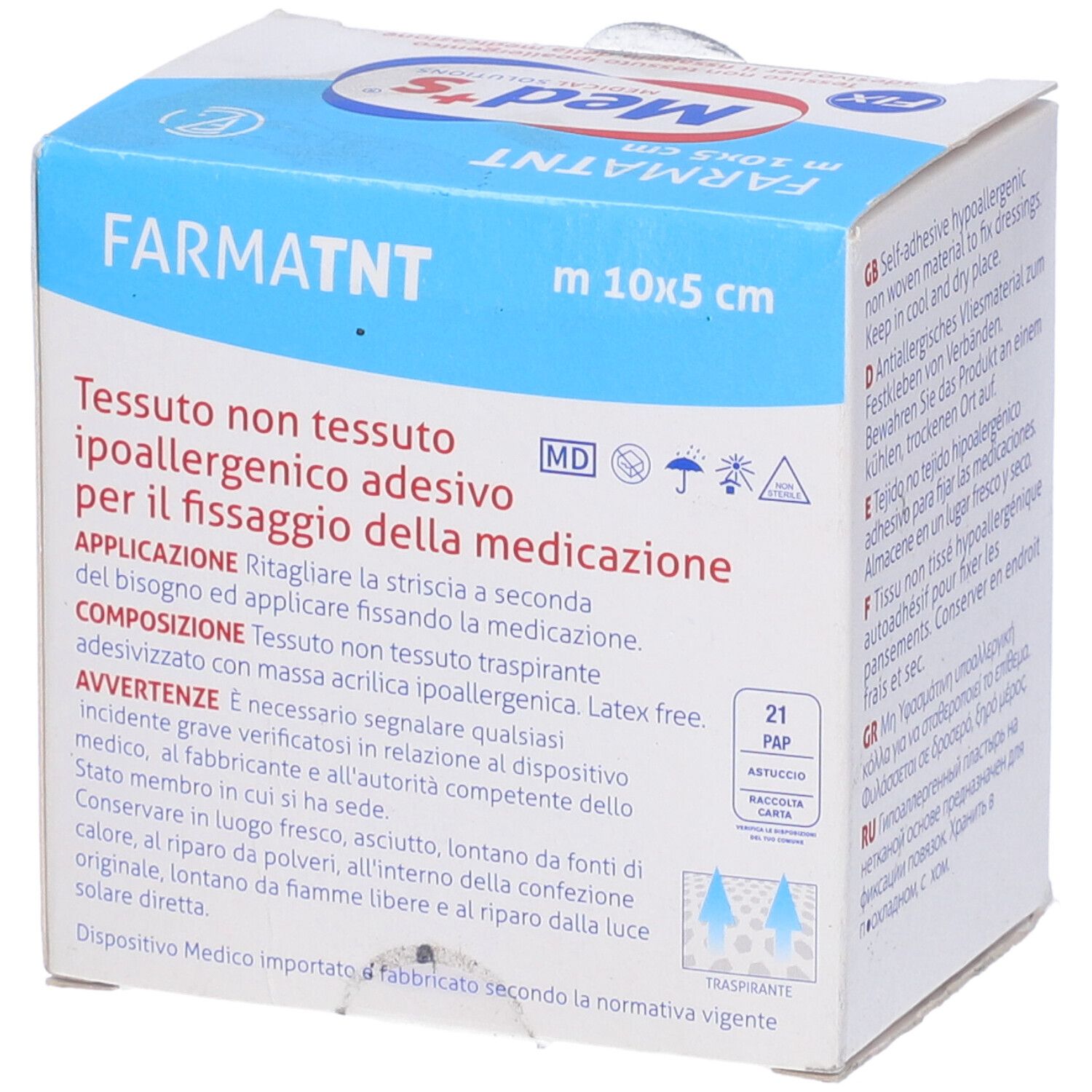 Confezione con informazioni sul prodotto. Scritte: Med's, Farmatnt, 10x5 cm. Contiene istruzioni e composizione.