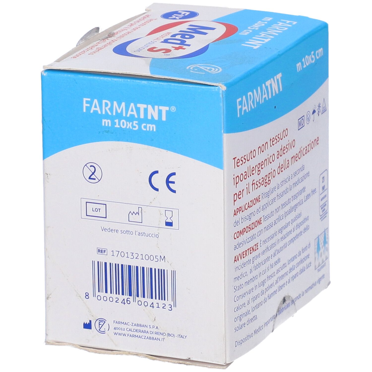 Confezione con informazioni sul prodotto. Scritte: Med's, Farmatnt, 10x5 cm. Contiene numero di lotto e marchio CE.
