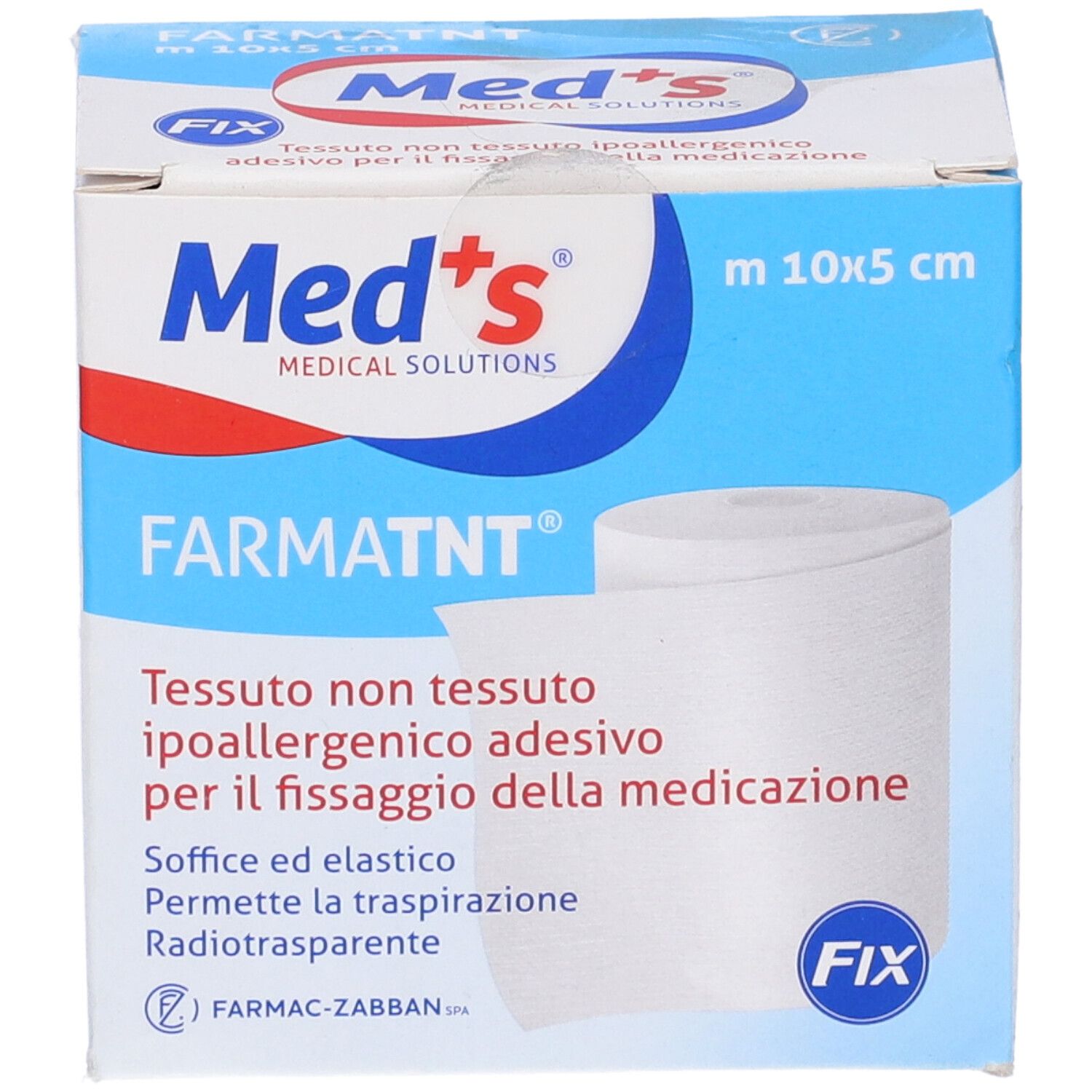Confezione di benda. Scritte: Med's, Farmatnt, 10x5 cm. Nastro adesivo bianco, non tessuto, ipoallergenico.