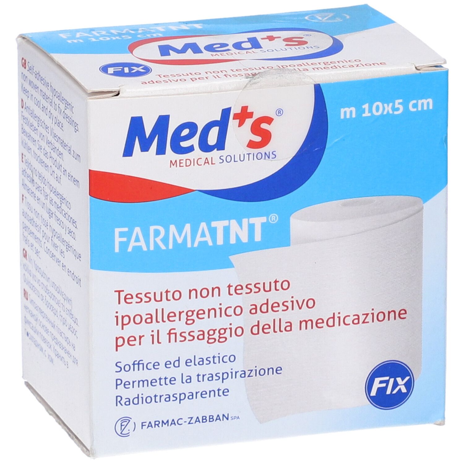 Confezione di benda. Scritte: Med's, Farmatnt, 10x5 cm. Nastro adesivo bianco, non tessuto, ipoallergenico.