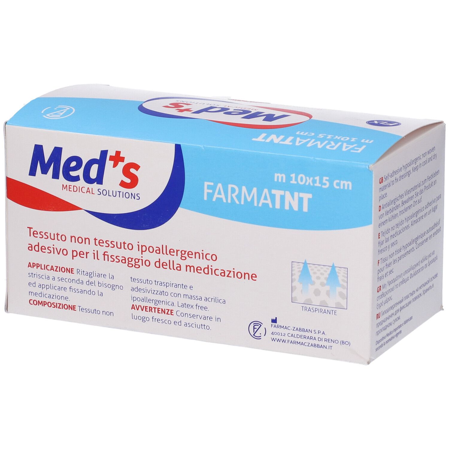 Med's Fix-Pflasterpackung. Blaue und weiße Schachtel mit Produktinformationen. Enthält Anwendungs- und Warnhinweise. Größe: 10x15 cm.