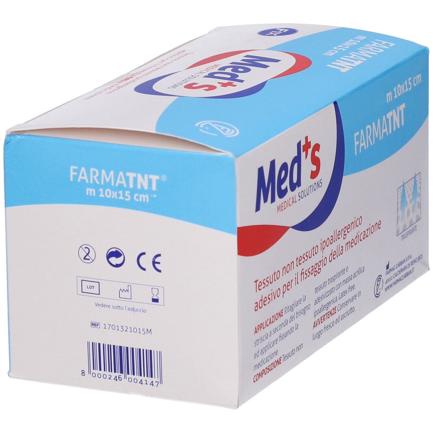 Rückseite der Med's Fix-Pflasterpackung. Enthält Chargennummer, CE-Kennzeichnung und Größenangabe: 10x15 cm. Mit Barcode.