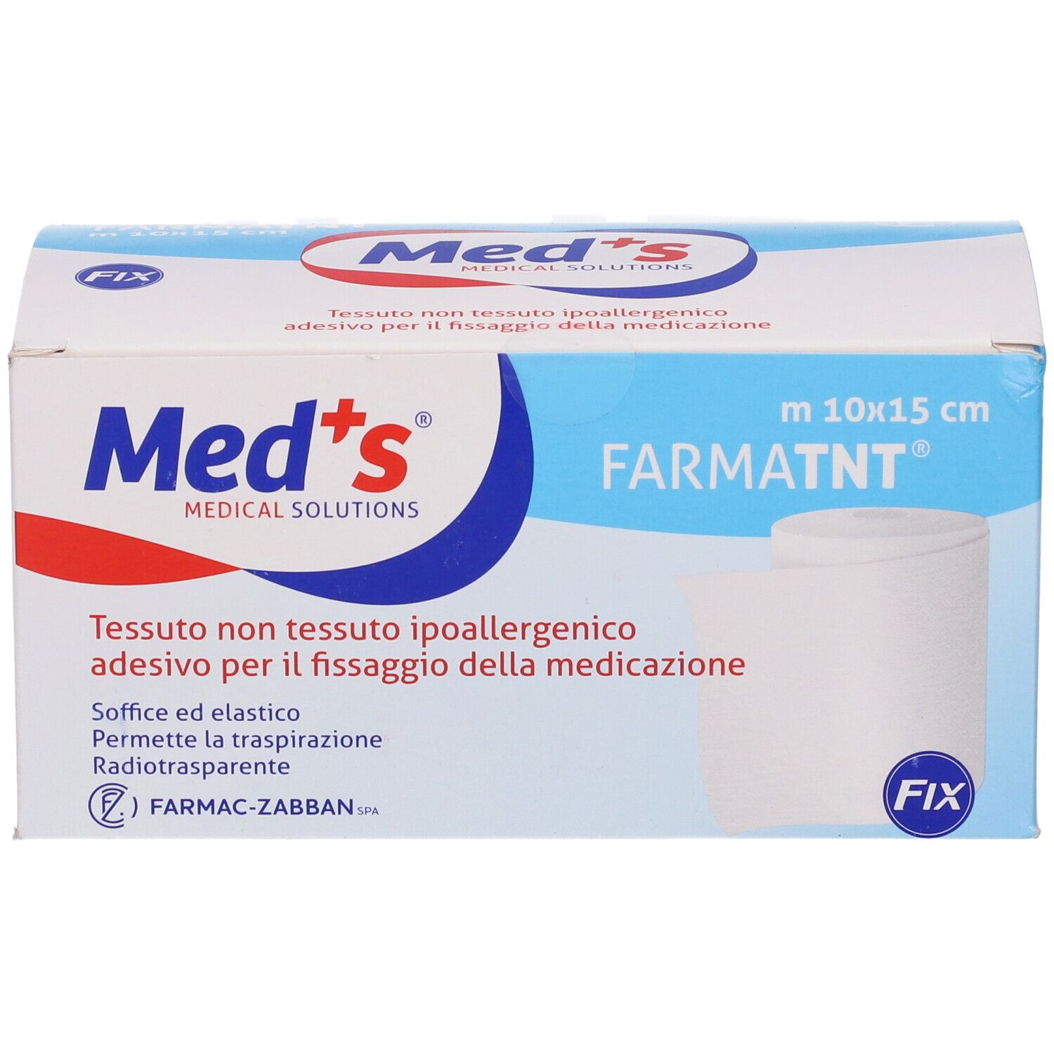 Med's Fix-Pflasterpackung. Blaue und weiße Schachtel mit Produktinformationen und einer Rolle Pflaster. Größe: 10x15 cm.
