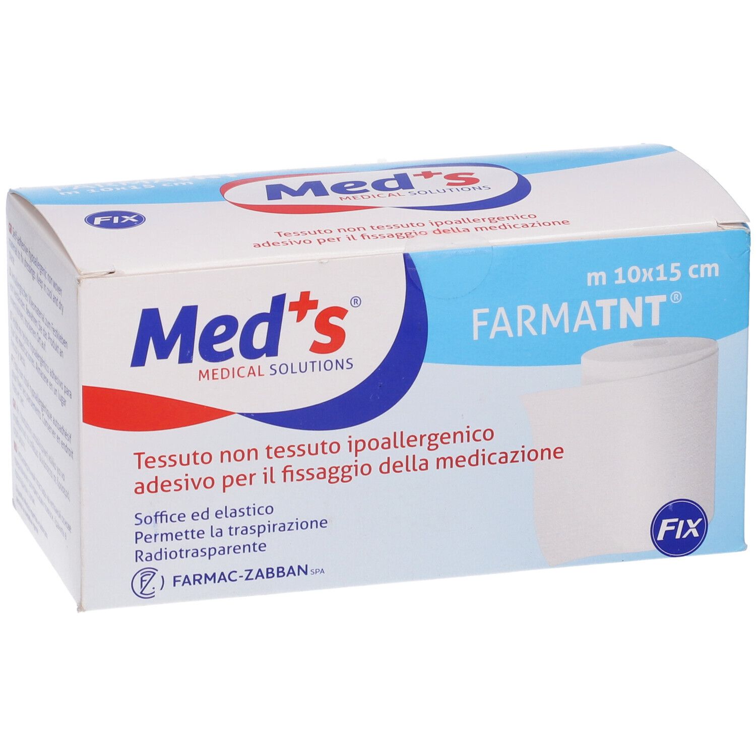 Med's Fix-Pflasterpackung. Blaue und weiße Schachtel mit Produktinformationen und einer Rolle Pflaster. Größe: 10x15 cm.