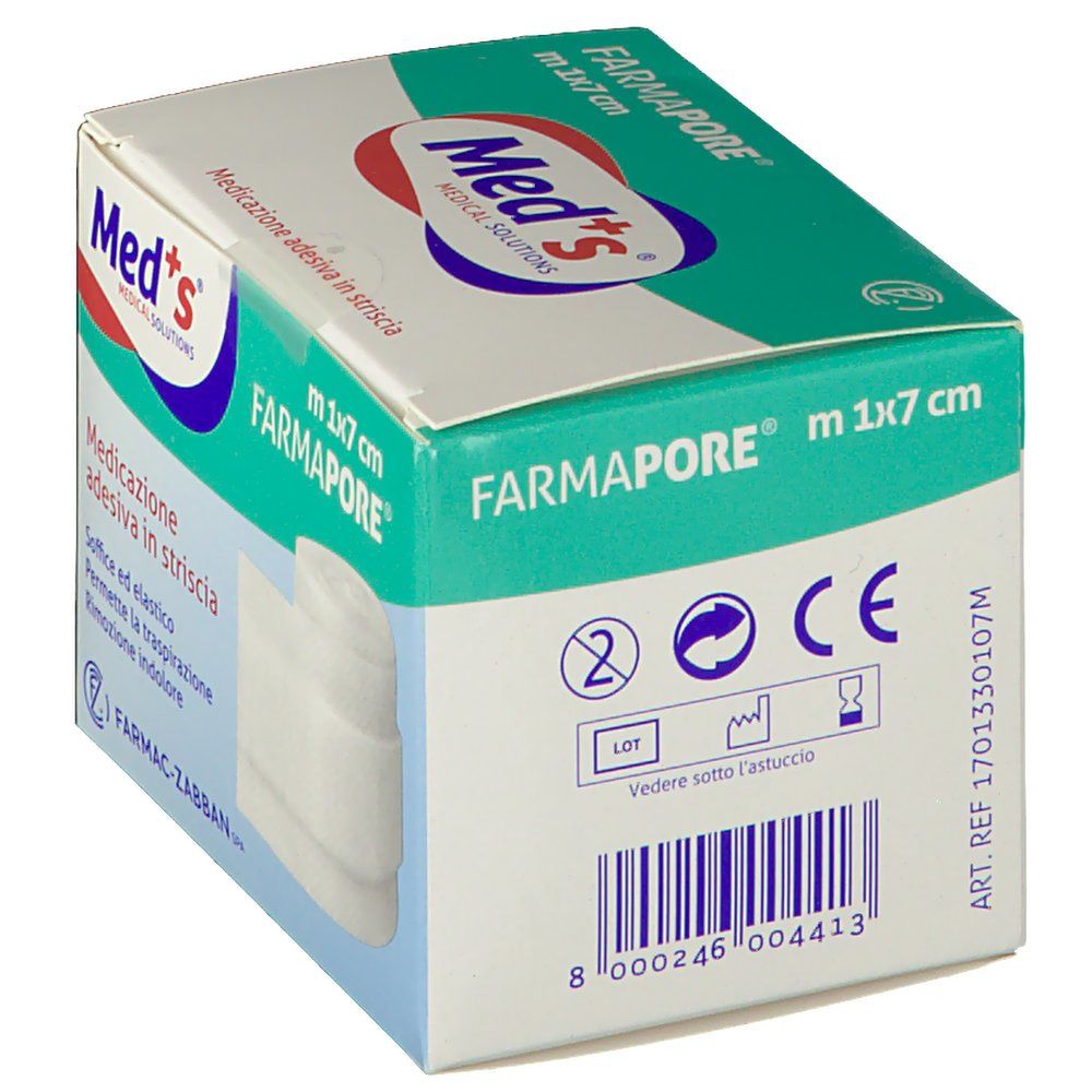 Verpackung von Med's FARMAPORE®. Box mit Produktnamen und Logo. Aufschrift: Med's, FARMAPORE®, Med's Medical Solutions. CE-Kennzeichnung.