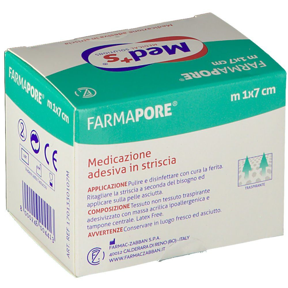 Verpackung von Med's FARMAPORE®. Box mit Produktnamen und Logo. Aufschrift: Med's, FARMAPORE®, Med's Medical Solutions. Text in italienischer Sprache.