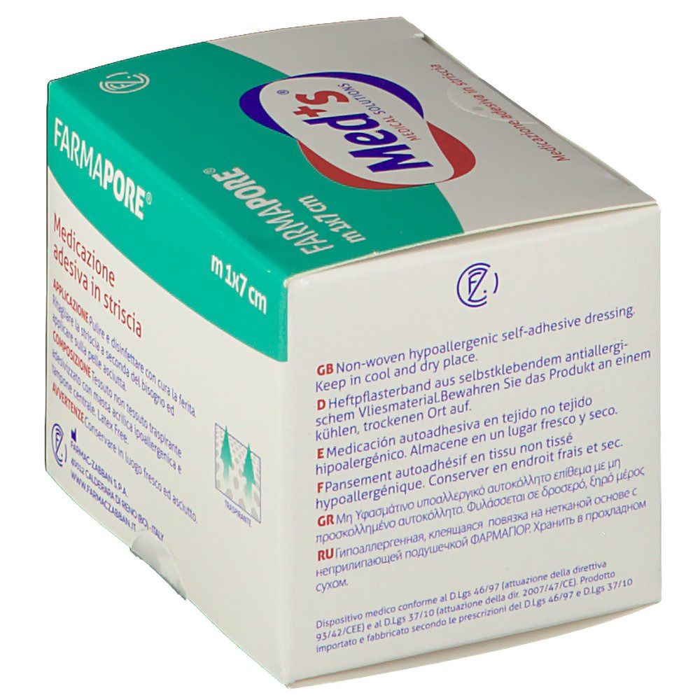 Verpackung von Med's FARMAPORE®. Box mit Produktnamen und Logo. Aufschrift: Med's, FARMAPORE®, Med's Medical Solutions. Text in mehreren Sprachen.