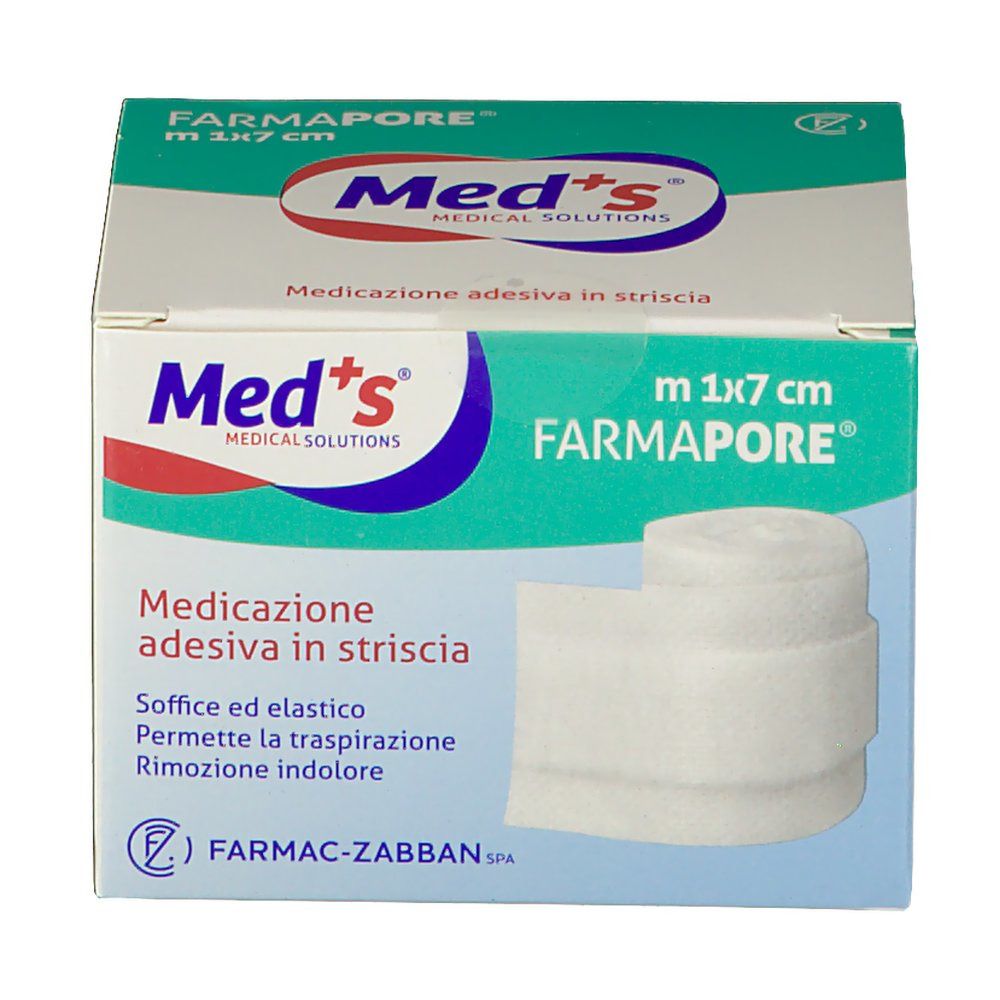 Verpackung von Med's FARMAPORE®. Weiße, rechteckige Box mit Produktnamen und Logo. Aufschrift: Med's, FARMAPORE®, Med's Medical Solutions. Verband sichtbar.