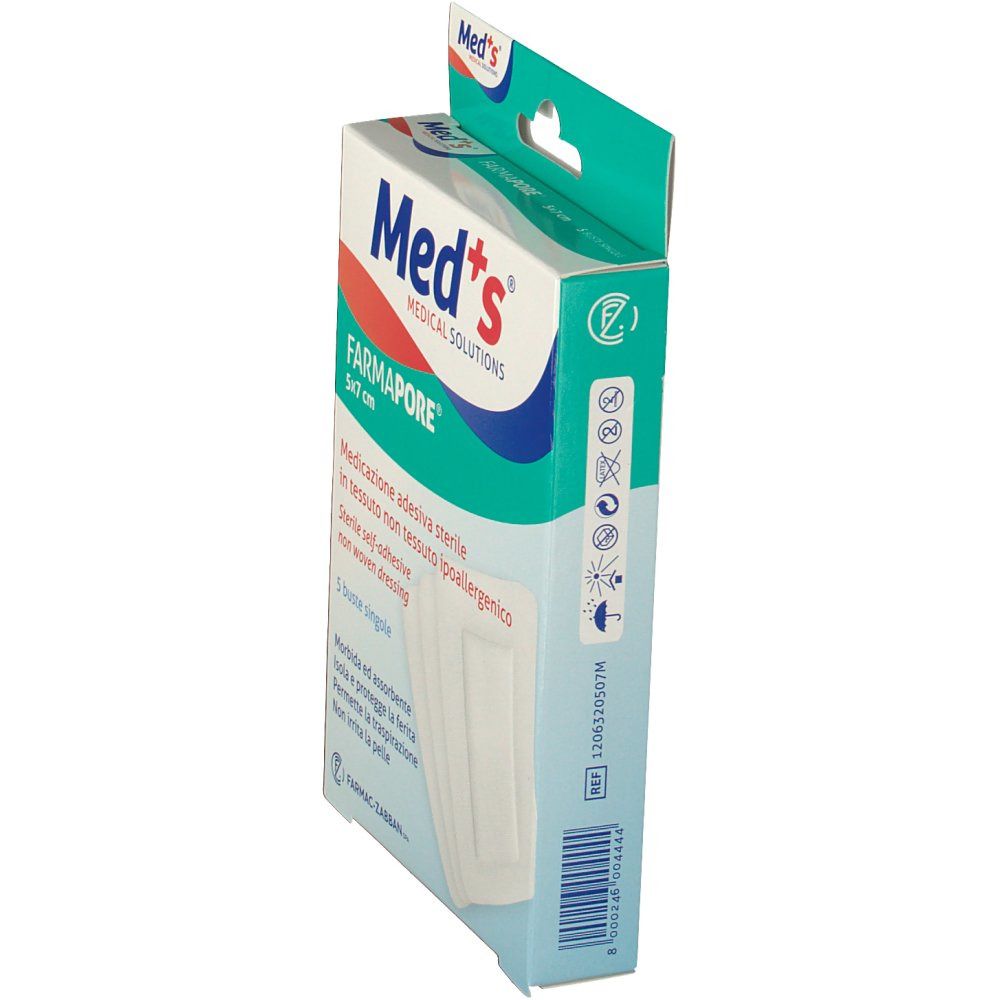 Med's Farmapore sterile, selbstklebende Vlies-Wundauflage 5x7 cm in Einzelpackungen.