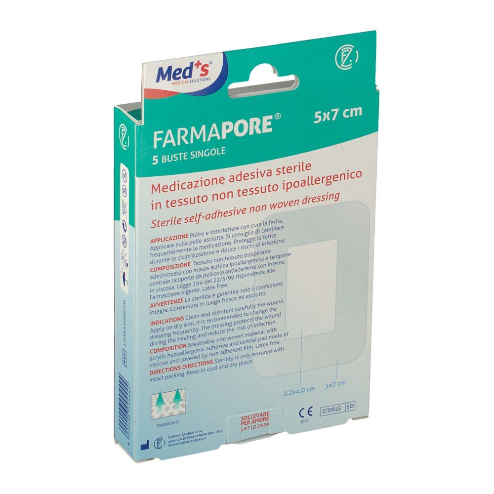 Med's Farmapore sterile, selbstklebende Vlies-Wundauflage 5x7 cm in Einzelpackungen.