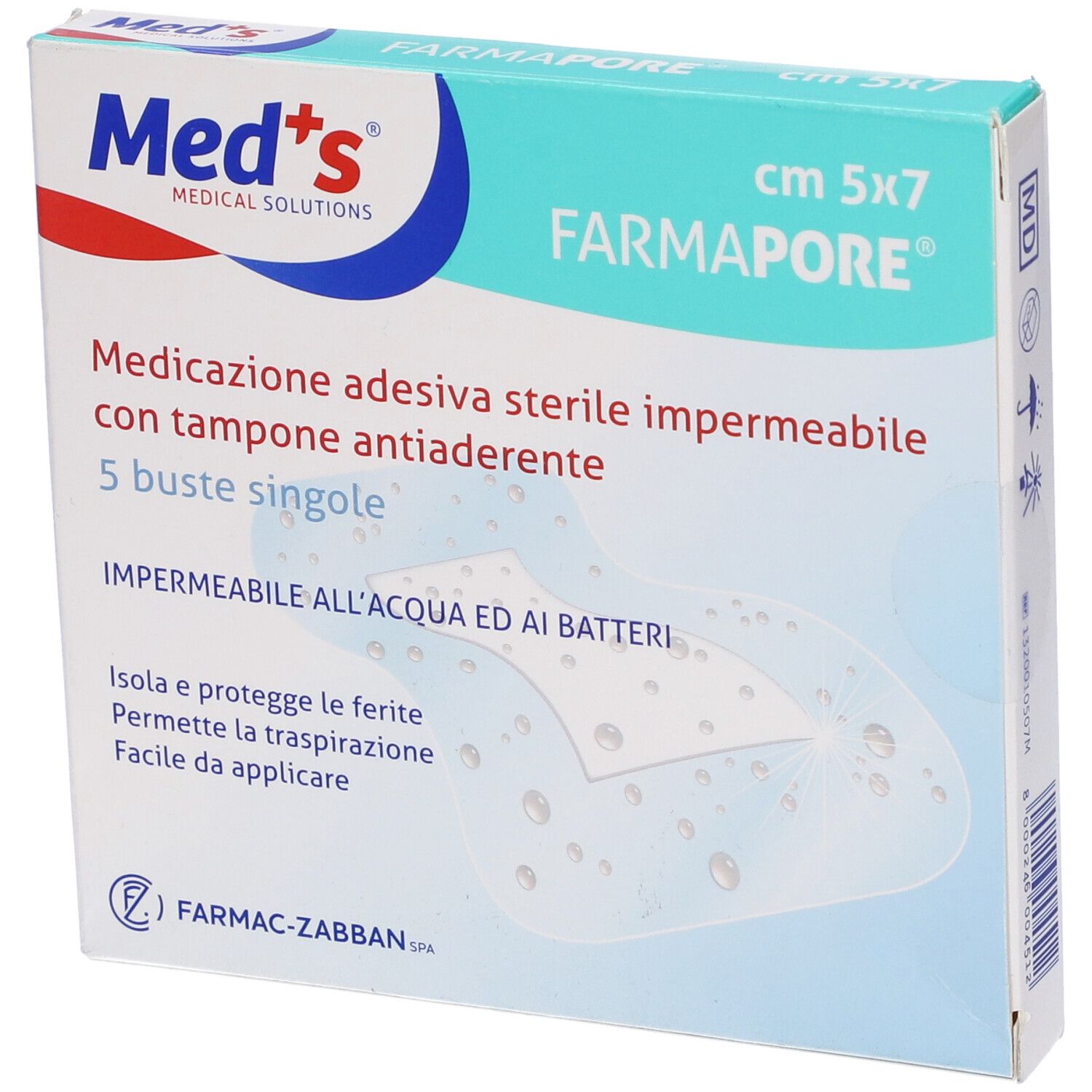 Scatola Med's. Scritta: Farmapore, 5x7cm, medicazione adesiva sterile impermeabile. 5 pezzi. Illustrazione medicazione.