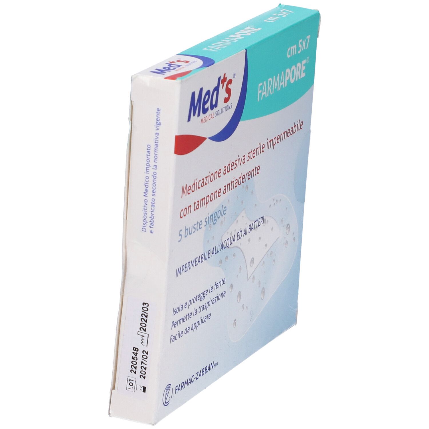 Scatola Med's. Scritta: Farmapore, 5x7cm, medicazione adesiva sterile impermeabile. 5 pezzi. Vista laterale.