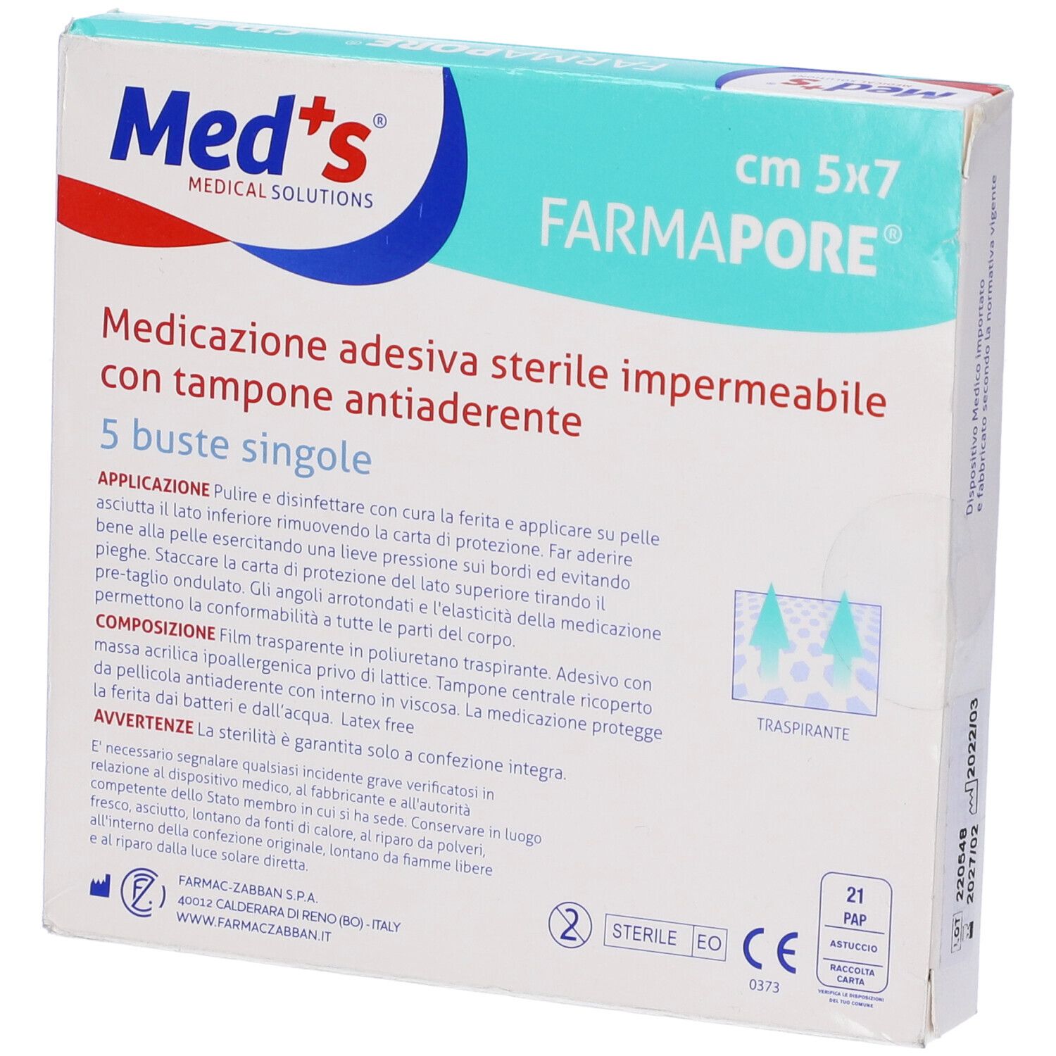 Scatola Med's. Scritta: Farmapore, 5x7cm, medicazione adesiva sterile impermeabile. 5 pezzi. Retro con testo.
