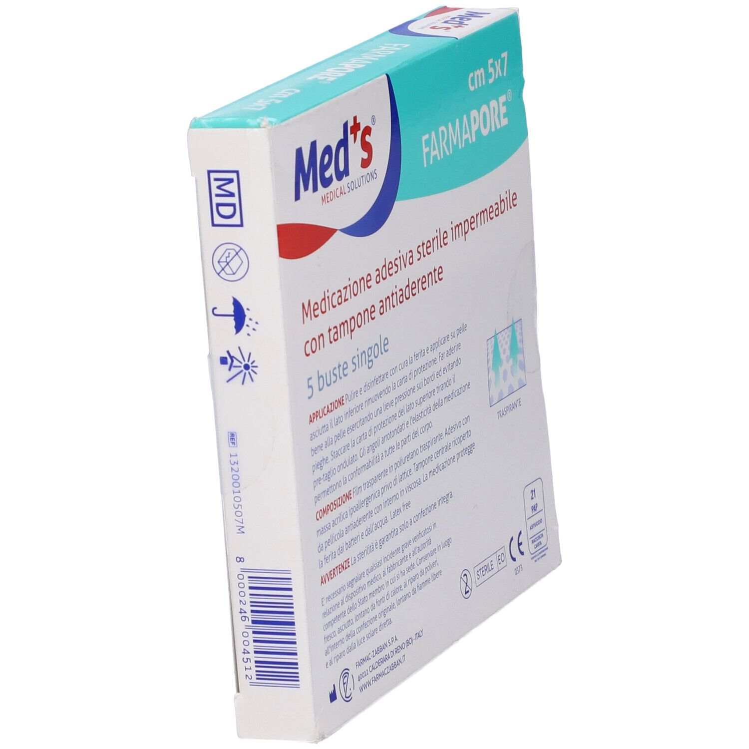 Scatola Med's. Scritta: Farmapore, 5x7cm, medicazione adesiva sterile impermeabile. 5 pezzi. Vista dettagliata.