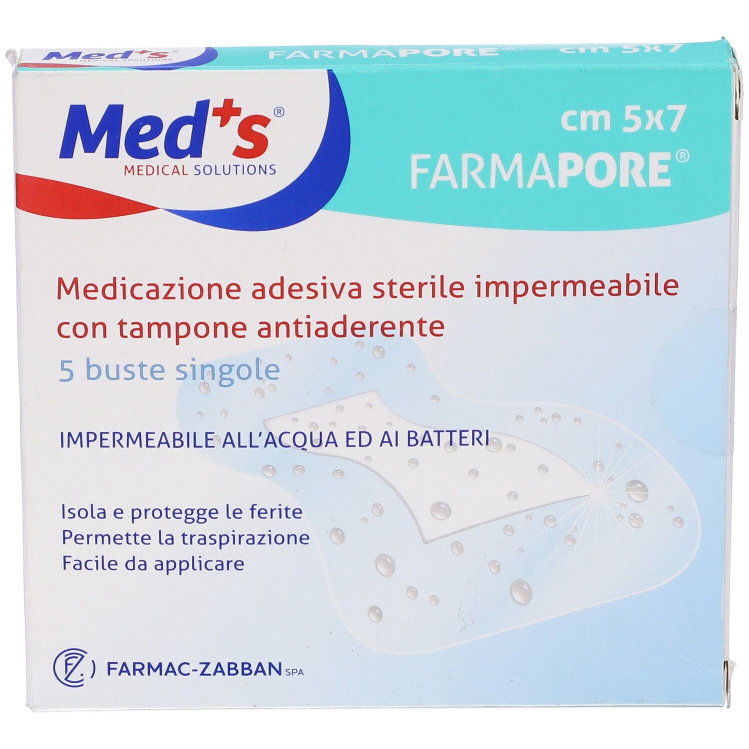 Scatola Med's. Scritta: Farmapore, 5x7cm, medicazione adesiva sterile impermeabile. 5 pezzi. Vista frontale.